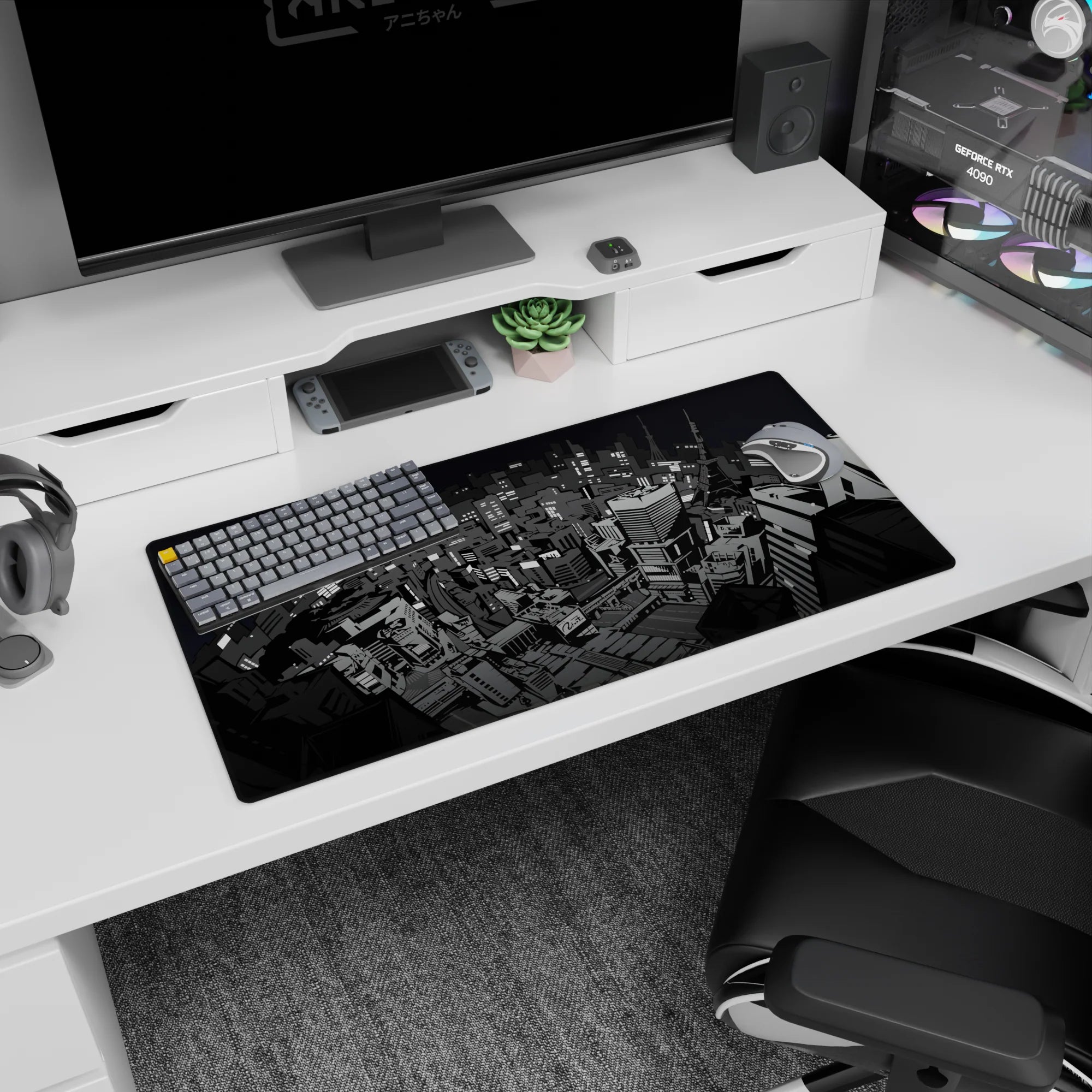 Anime mouse pad 32x16 inches featuring the gritty grayscale Tokyo cityscape from Persona 5, perfect for fans of sleek noir.