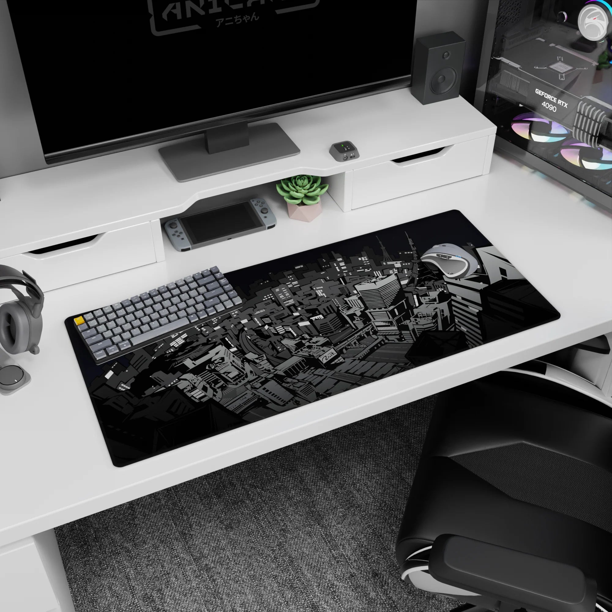 Persona 5 mouse pad 36x16 inches with gritty grayscale Tokyo skyline and rebellious urban design.