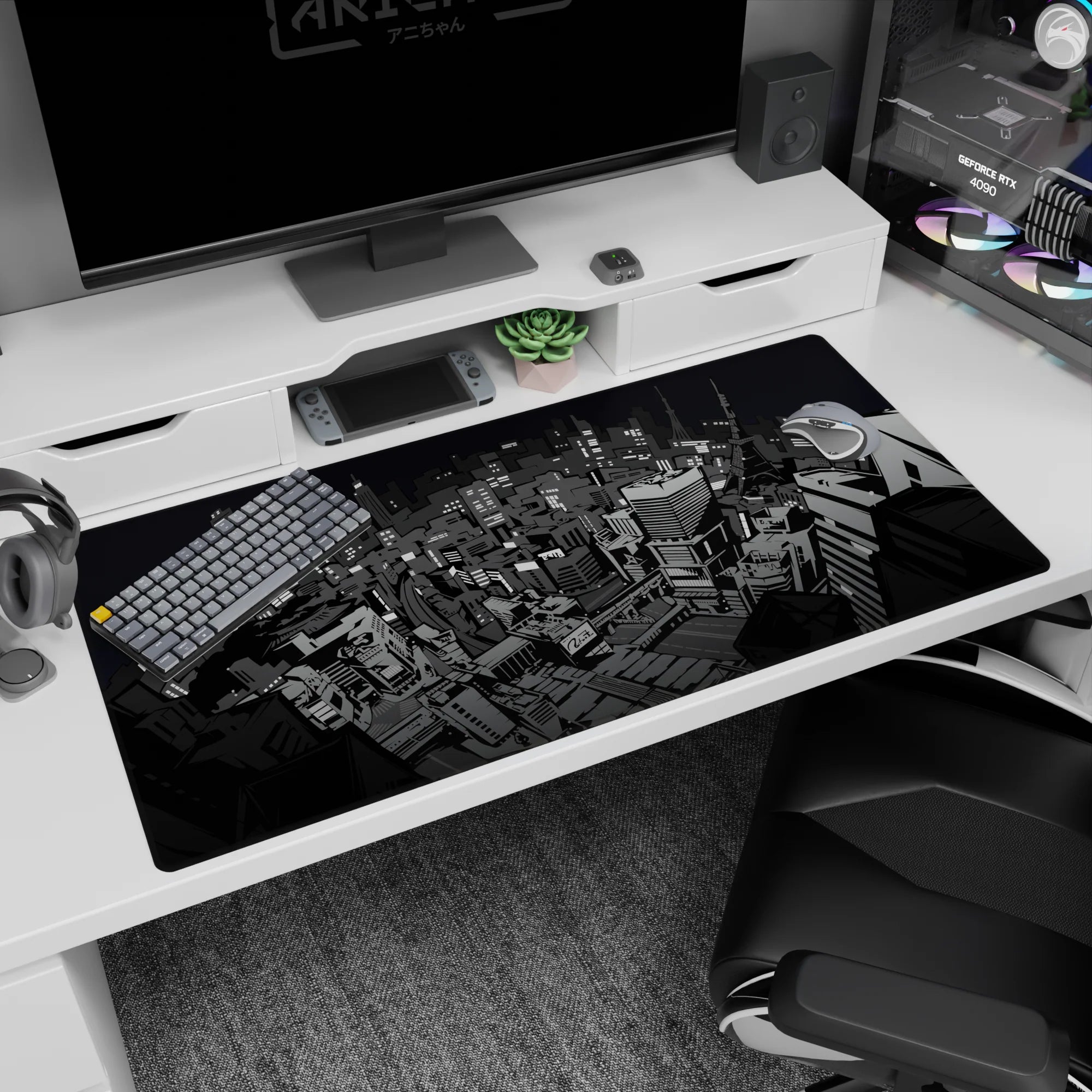 Persona 5 desk pad, 40x20 inches, featuring a stylized Tokyo cityscape with gritty grayscale lines and urban mood.