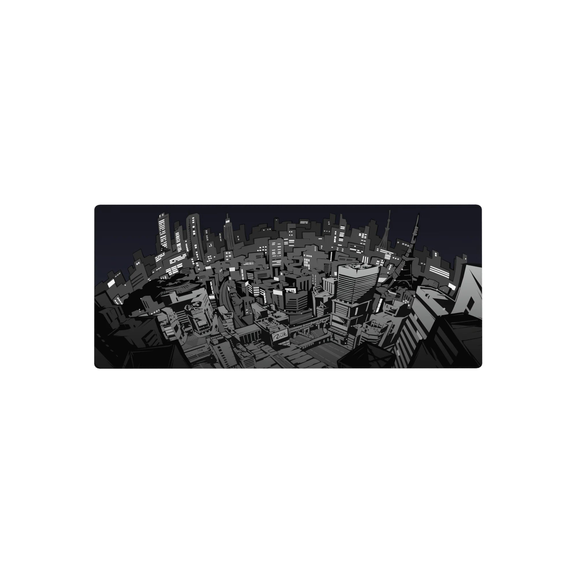 Persona 5 mouse pad, 28x12 inches, featuring a stylized Tokyo cityscape with gritty grayscale lines and urban noir mood.