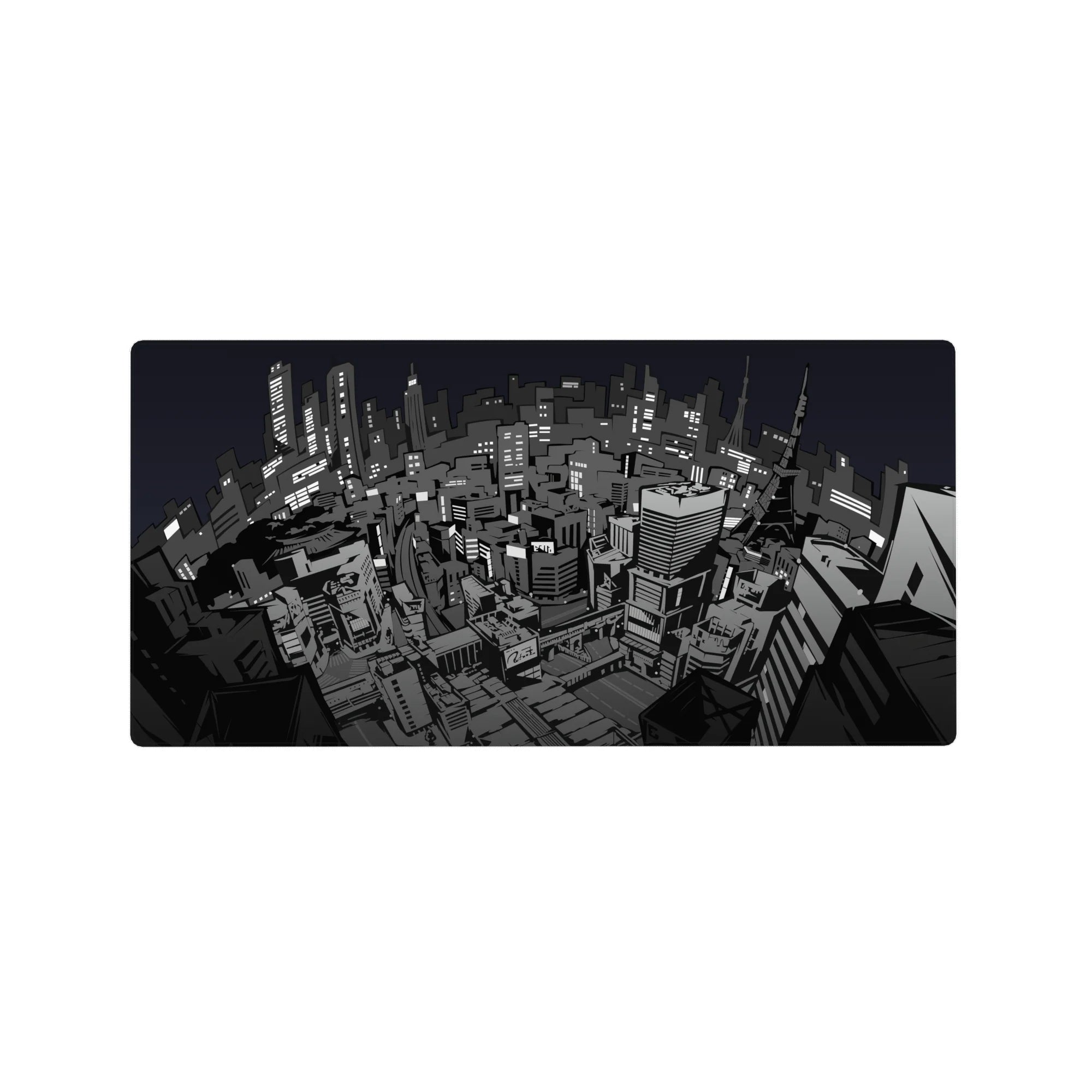 Persona 5 anime mouse pad, 32x16 inches, featuring a gritty grayscale Tokyo cityscape with noir urban mood and rebellious vibe.