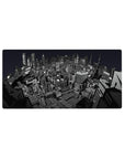 Persona 5 anime mouse pad, 32x16 inches, featuring a gritty grayscale Tokyo cityscape with noir urban mood and rebellious vibe.