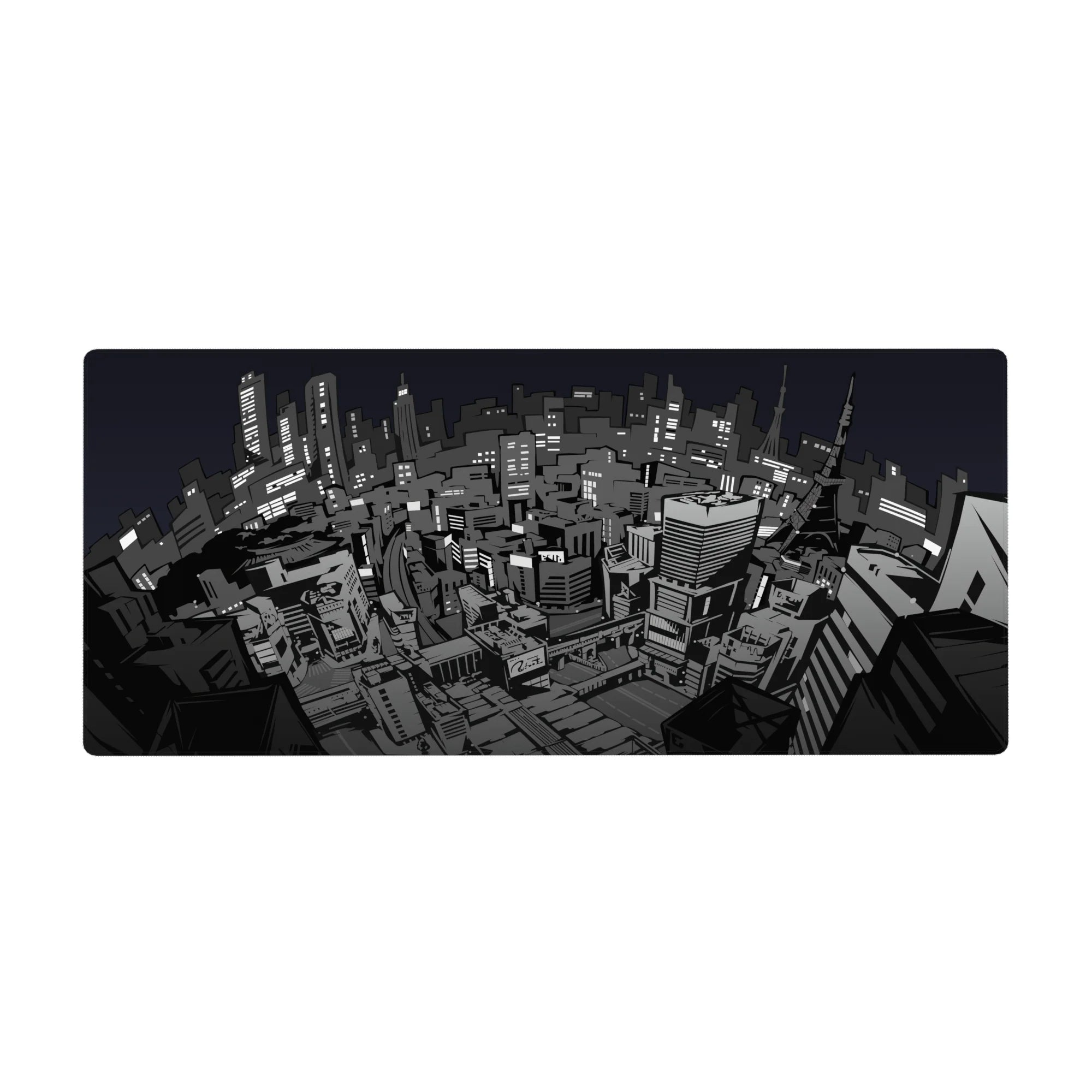 Persona 5 desk pad 36x16 inches features a stylized Tokyo cityscape in gritty grayscale, capturing the rebellious spirit.