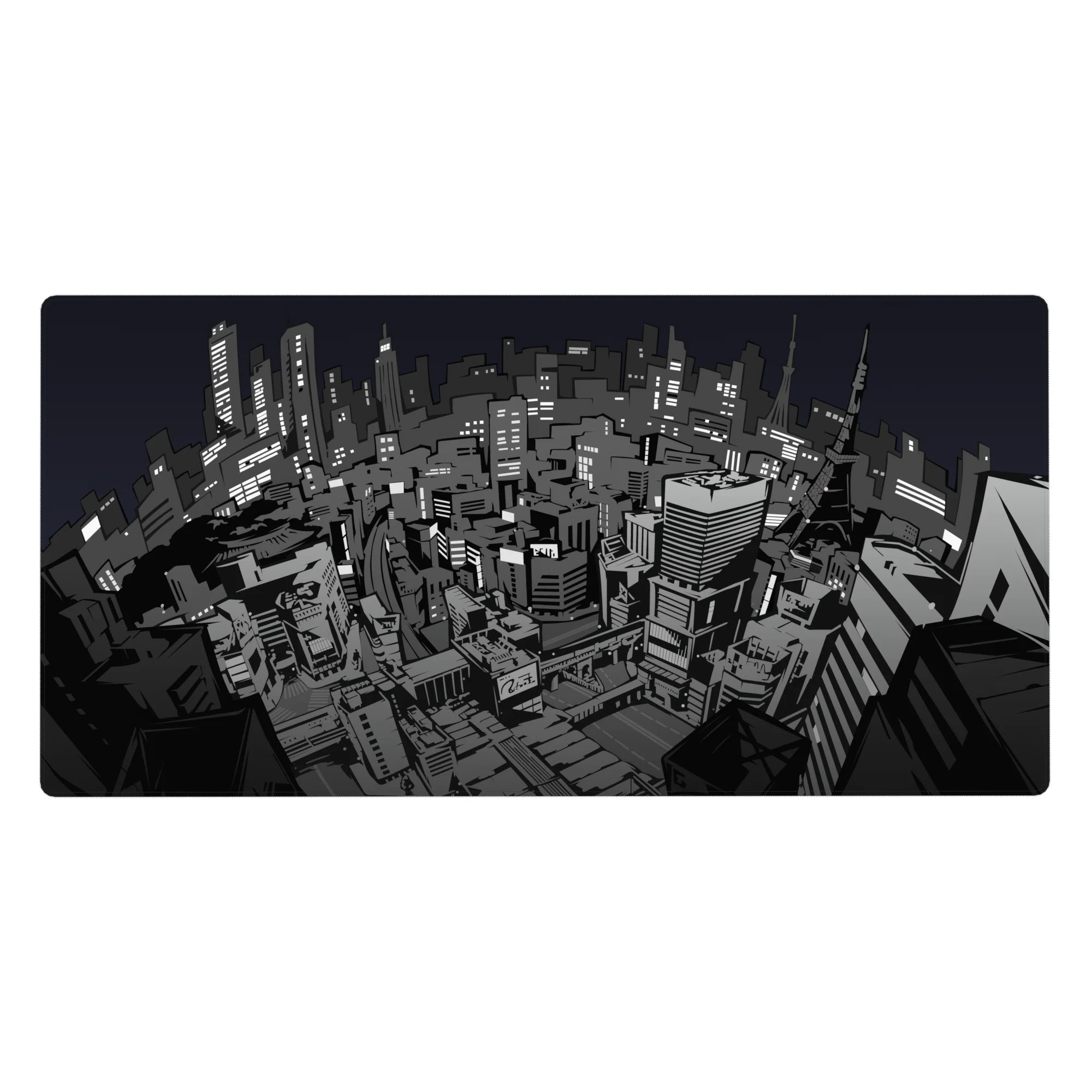 Persona 5 desk pad 40x20 inches with stylized Tokyo cityscape in gritty grayscale lines and urban noir style.