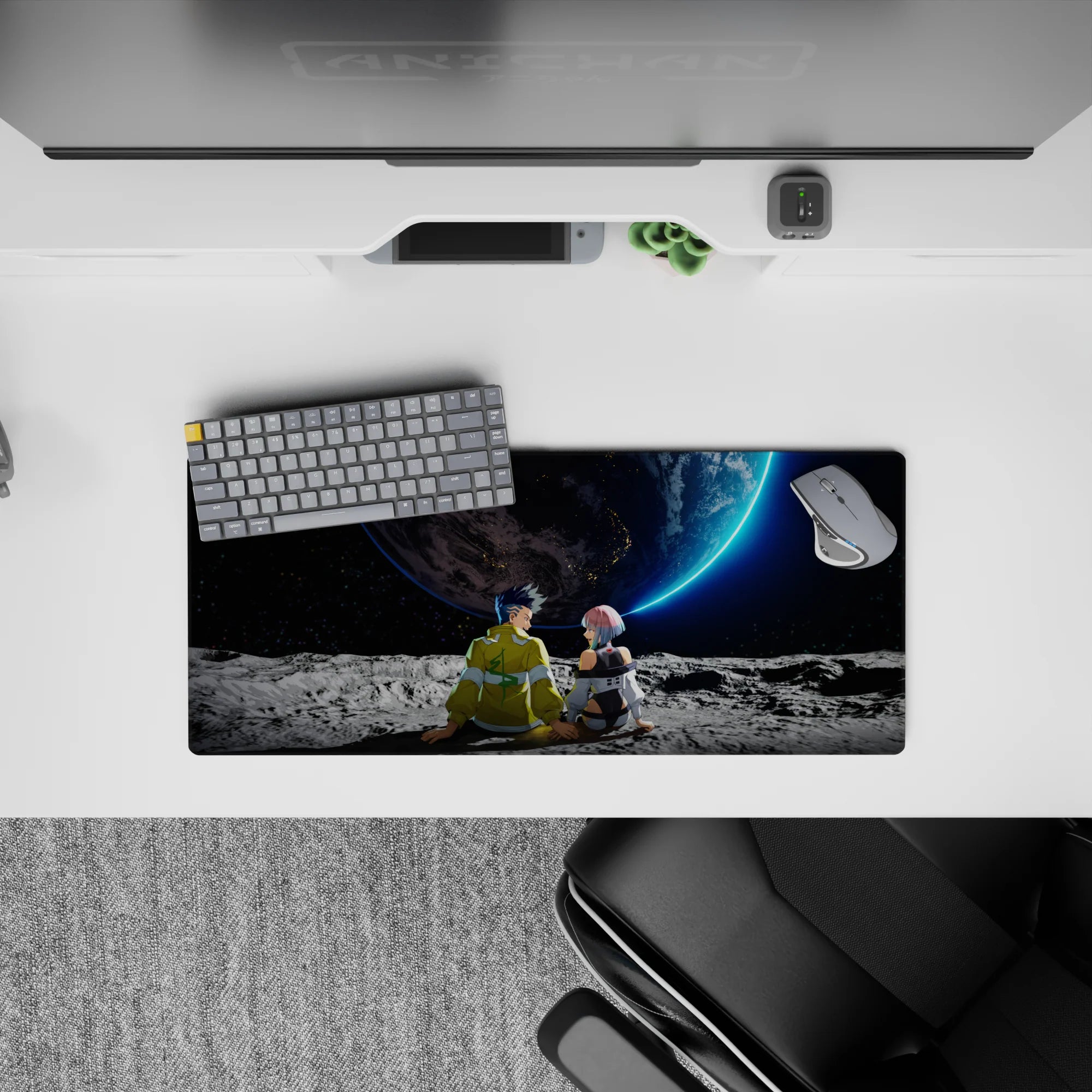 Anime mouse pad 28x12 inches in cool gray and neon blue, calm starry space vibe for gaming.