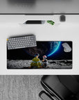 Anime mouse pad 28x12 inches in cool gray and neon blue, calm starry space vibe for gaming.