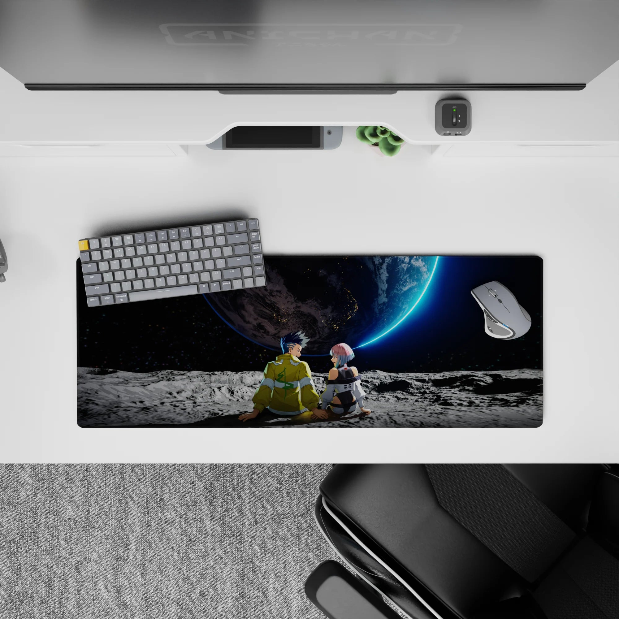 32x12 inches anime mouse pad in cool gray and neon blue, calm deep-space scene with starry shadows.