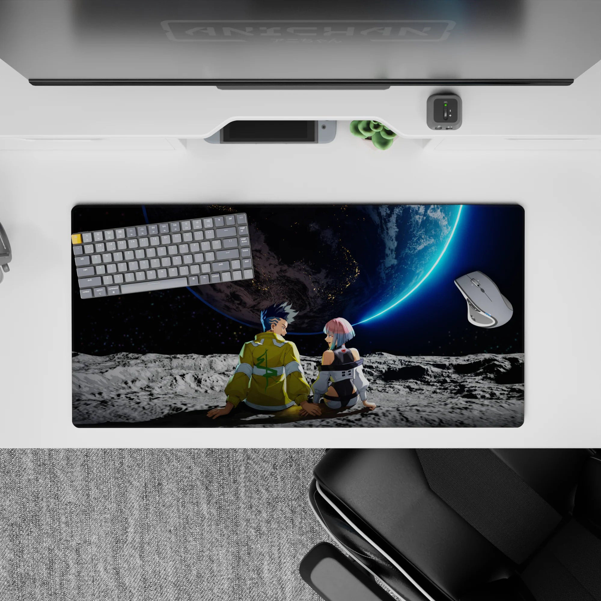 32x16 inches anime mouse pad in cool grays with neon blue glow, calm deep-space night mood.