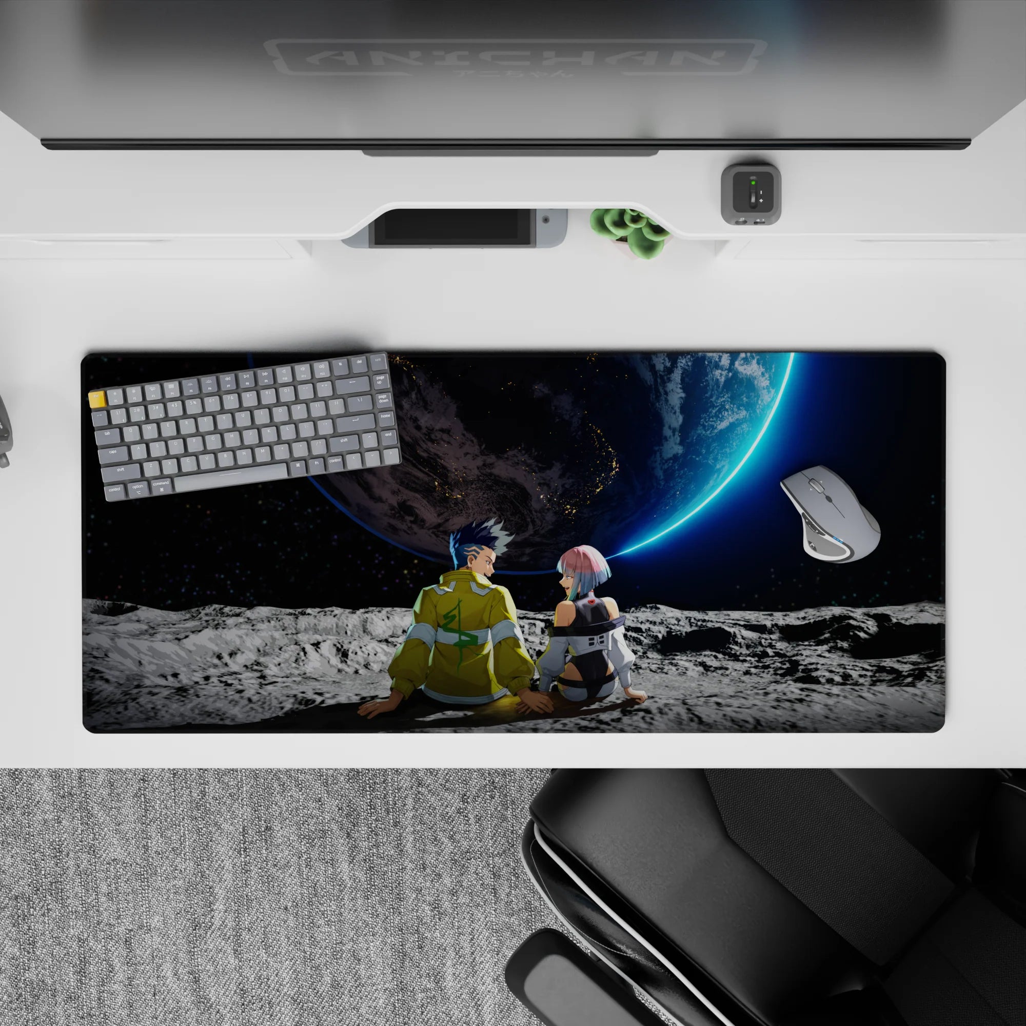 36x16 inches anime mouse pad in cool grays and neon blue, calm starry space vibe for gaming.