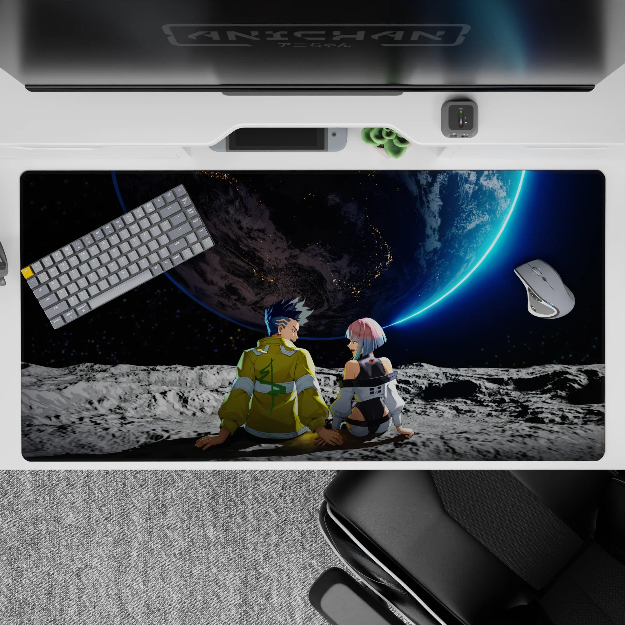 40x20 inches anime desk pad in cool gray and neon blue, calm deep-space vibe with starry shadows.