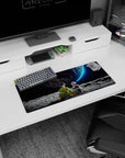 Anime mouse pad 28x12 inches showing spiky-haired boy and pink-bob girl watching a glowing planet.