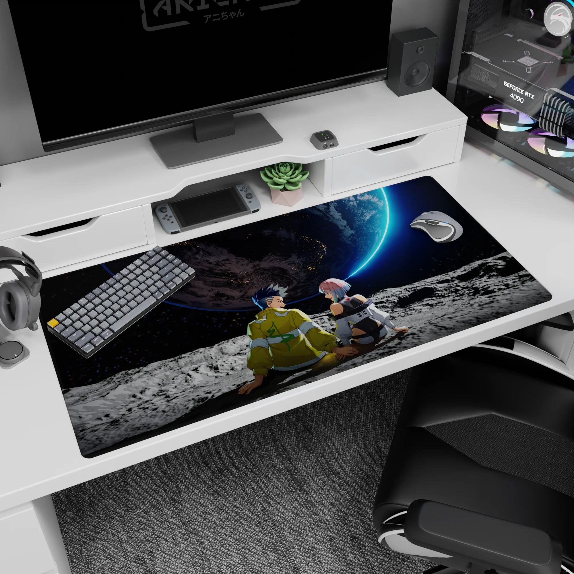 40x20 inches anime desk pad showing spiky-haired boy and pink-bob girl on moon, watching giant planet.