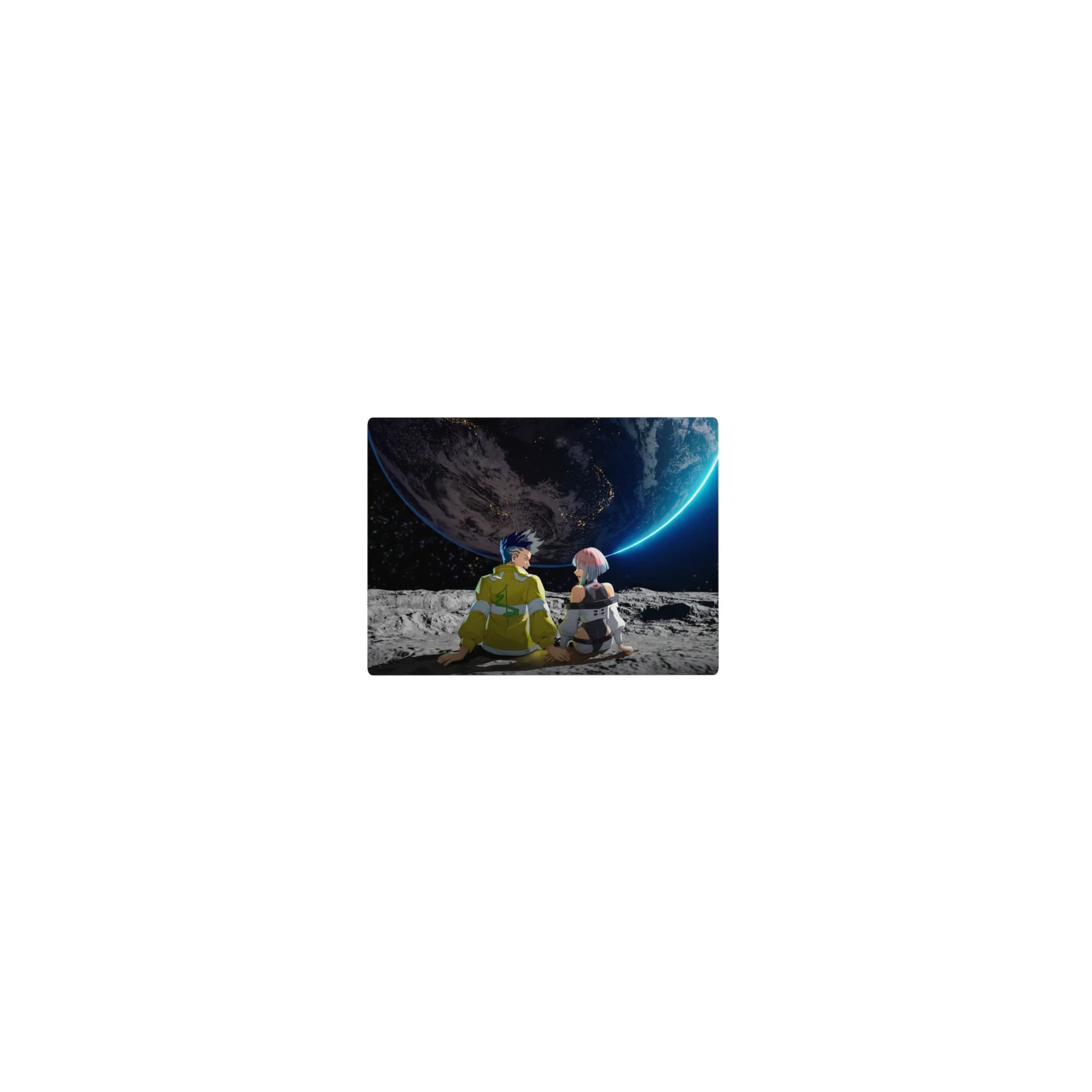 Classic anime mouse pad 14x10 inches, pilots on a cratered moon facing a neon-rimmed planet.