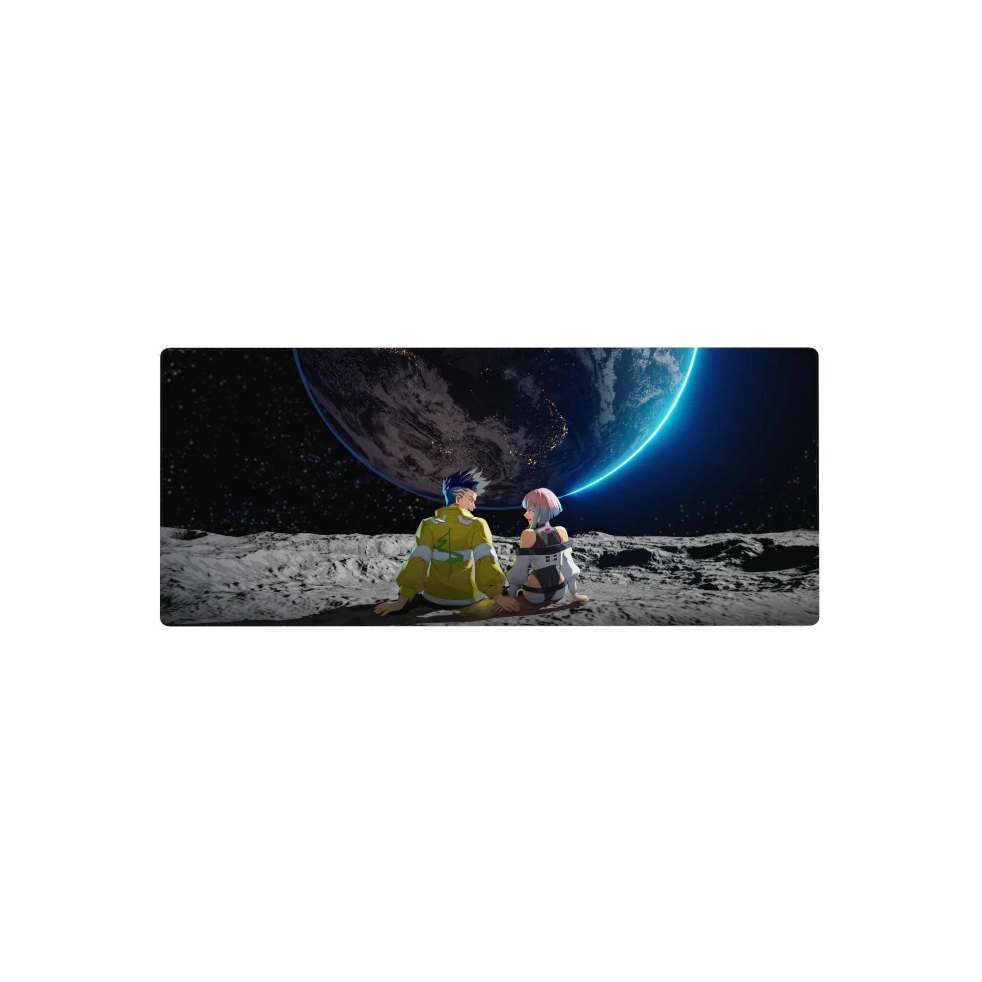 Anime mouse pad 28x12 inches with two pilots on a cratered moon facing a neon-rimmed planet.