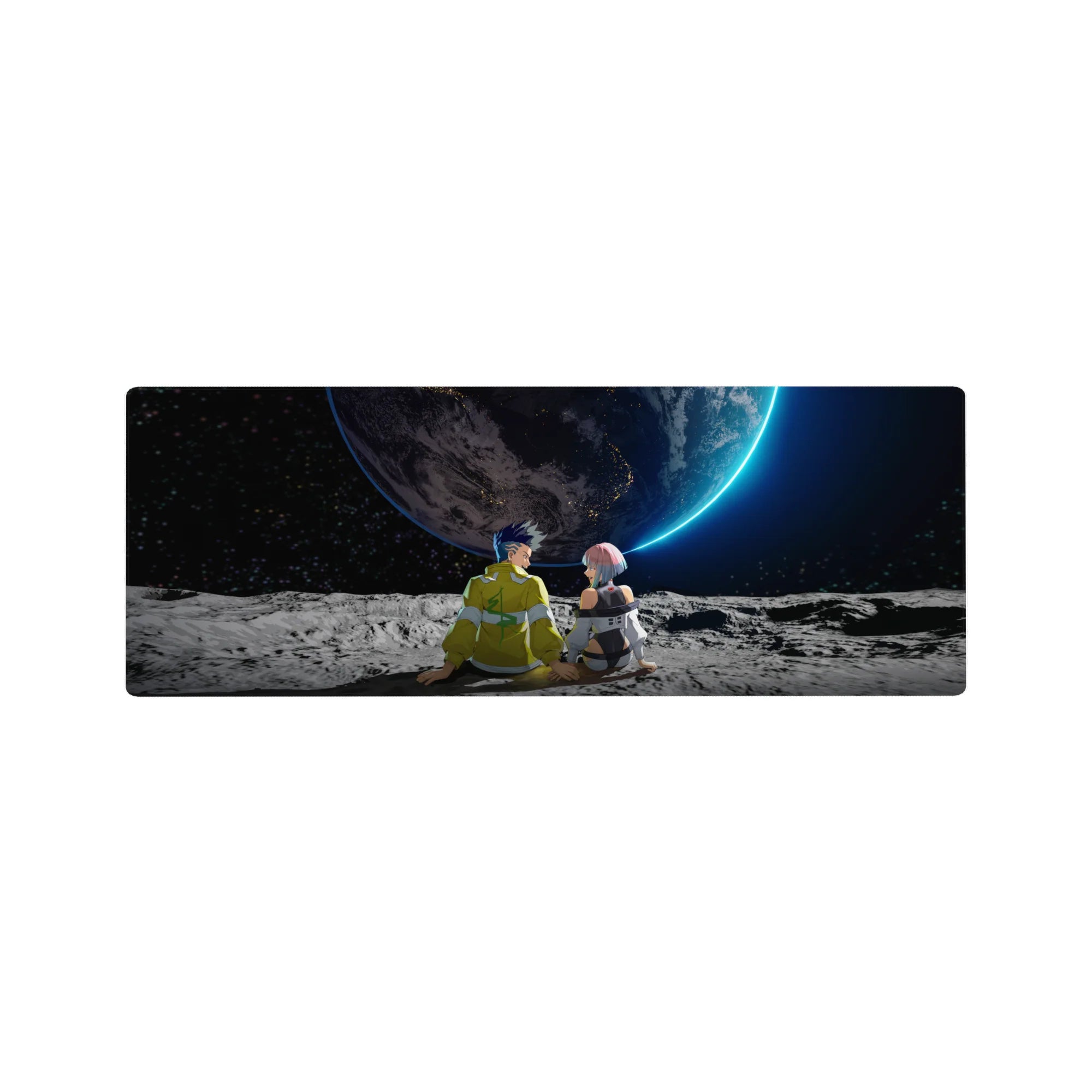 32x12 inches anime mouse pad with two pilots on a cratered moon facing a neon-rimmed planet.
