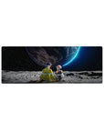 32x12 inches anime mouse pad with two pilots on a cratered moon facing a neon-rimmed planet.