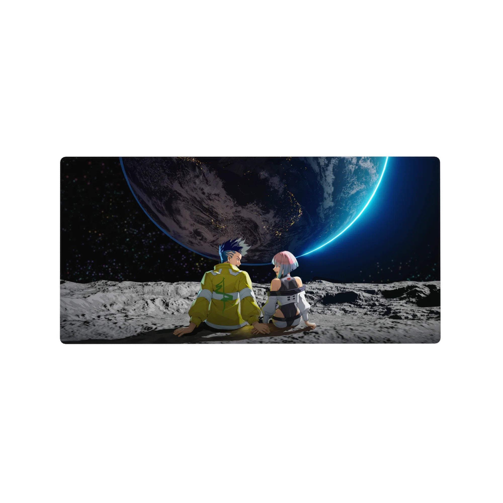 32x16 inches anime mouse pad with two pilots on a cratered moon facing a neon-rim planet.