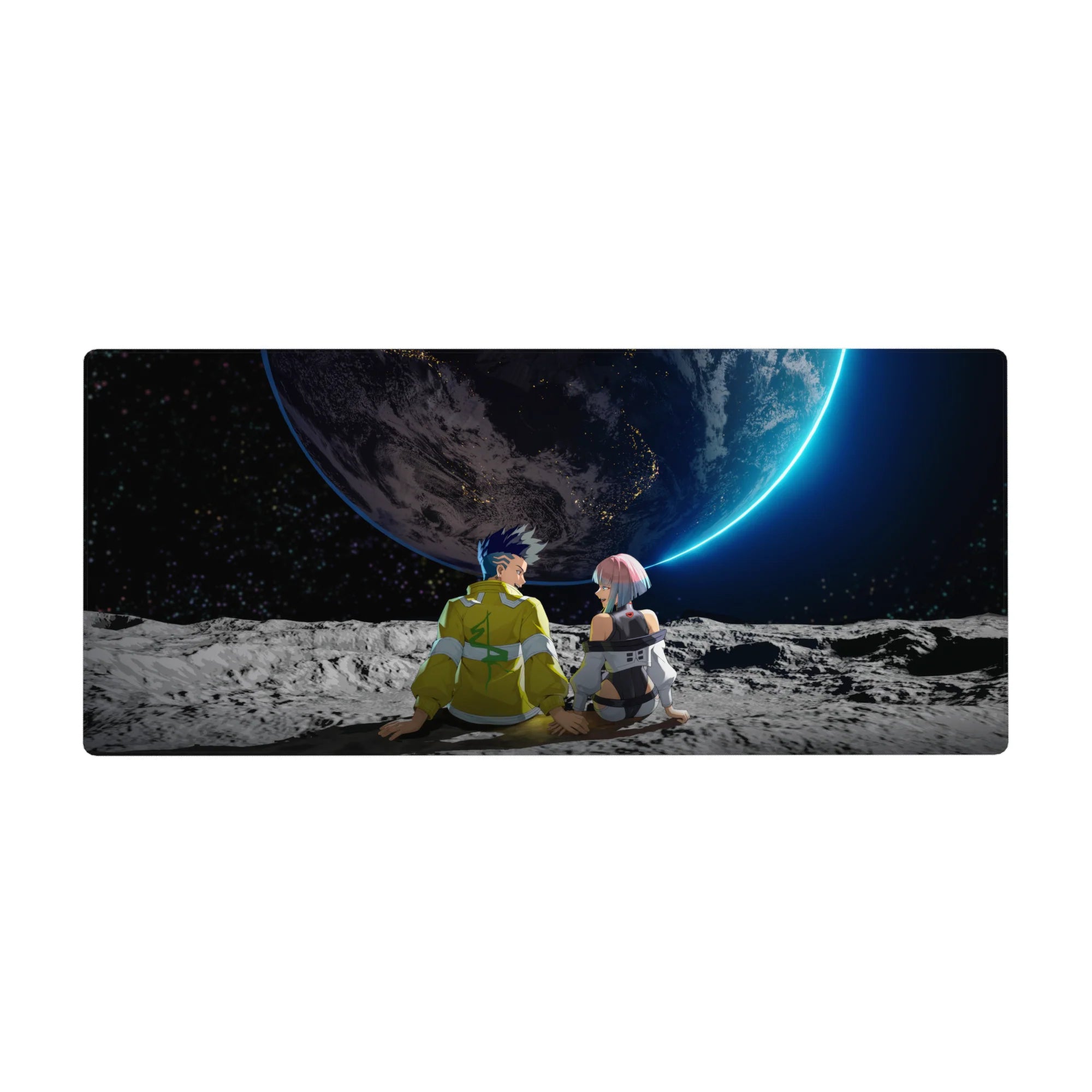 36x16 inches anime desk pad with two pilots on a cratered moon facing a neon-rimmed planet.