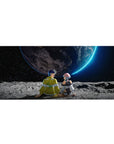 36x16 inches anime desk pad with two pilots on a cratered moon facing a neon-rimmed planet.