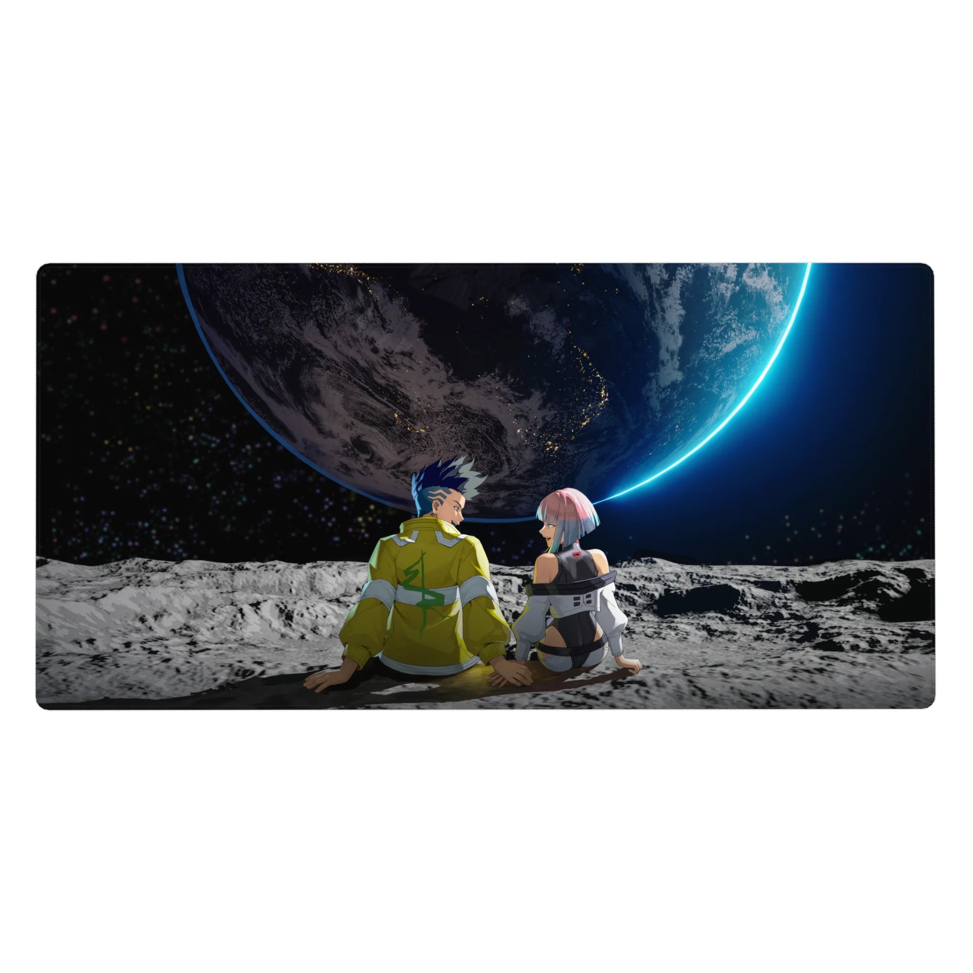 Anime desk pad 40x20 inches with two pilots on a cratered moon facing a glowing blue-rim planet.