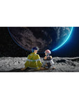 Anime desk pad 40x20 inches with two pilots on a cratered moon facing a glowing blue-rim planet.