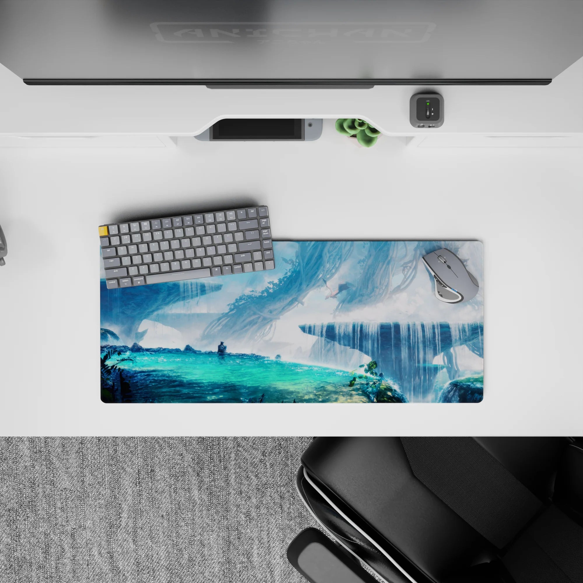 28x12 inches anime mouse pad in cool blues and misty whites, calm ocean-glow highlights, serene quest vibe.