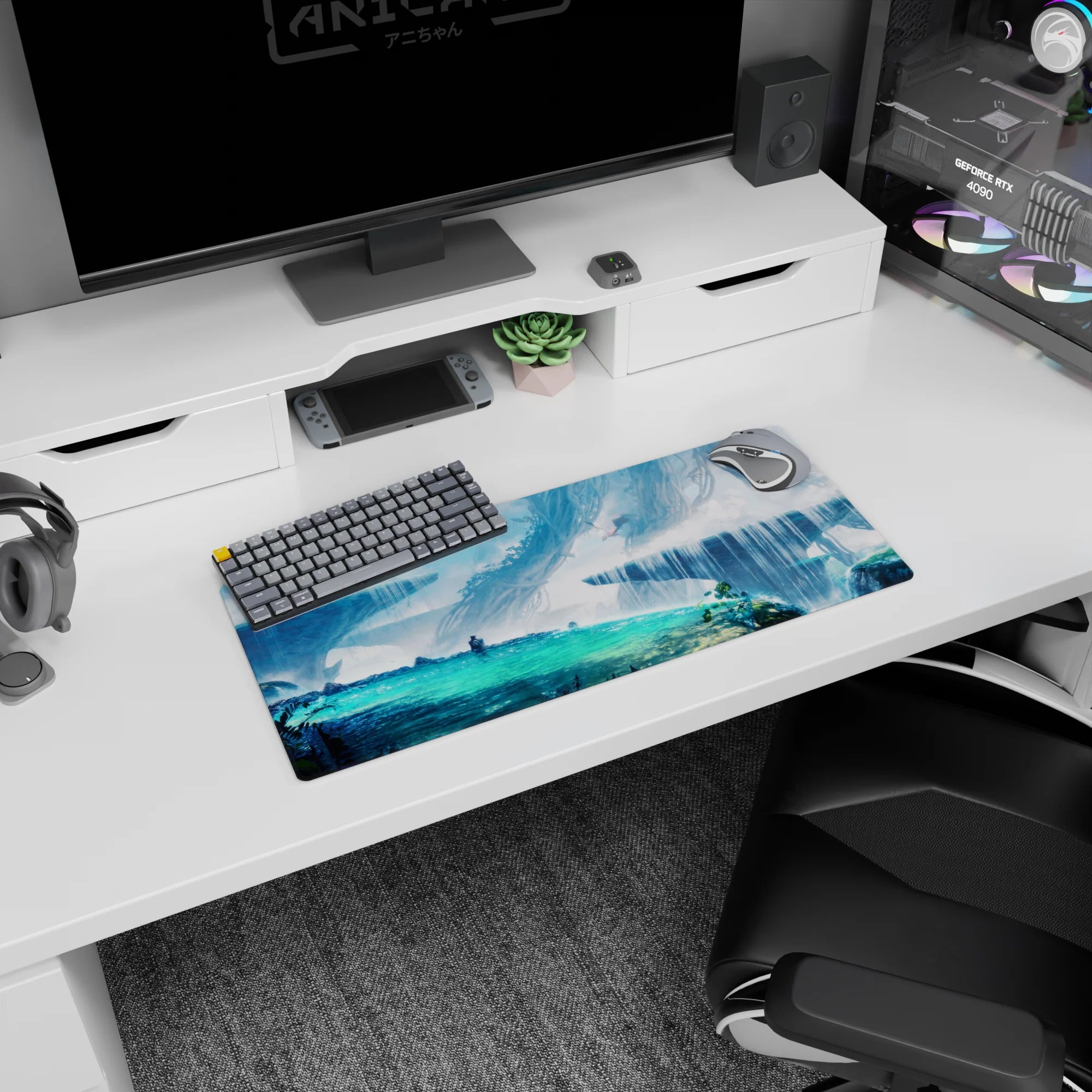 28x12 inches anime mouse pad showing two adventurers, one in bright green armor, above waterfall cliffs.