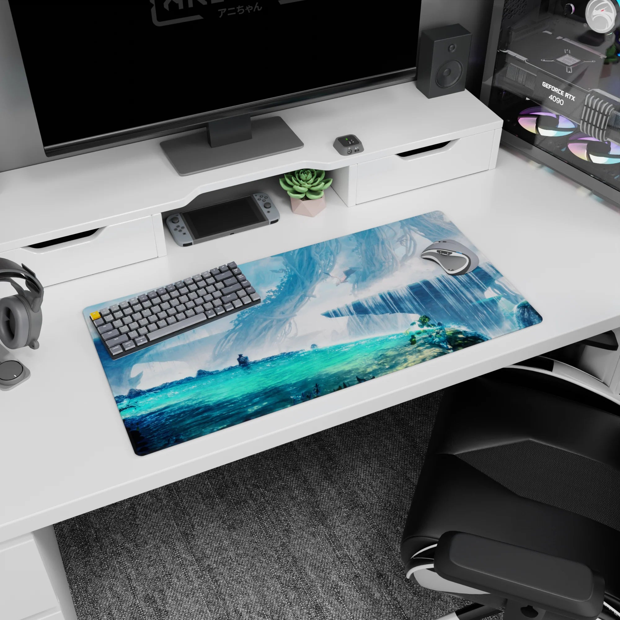 32x16 inches anime mouse pad with two adventurer silhouettes, one in bright green armor, watching the horizon.