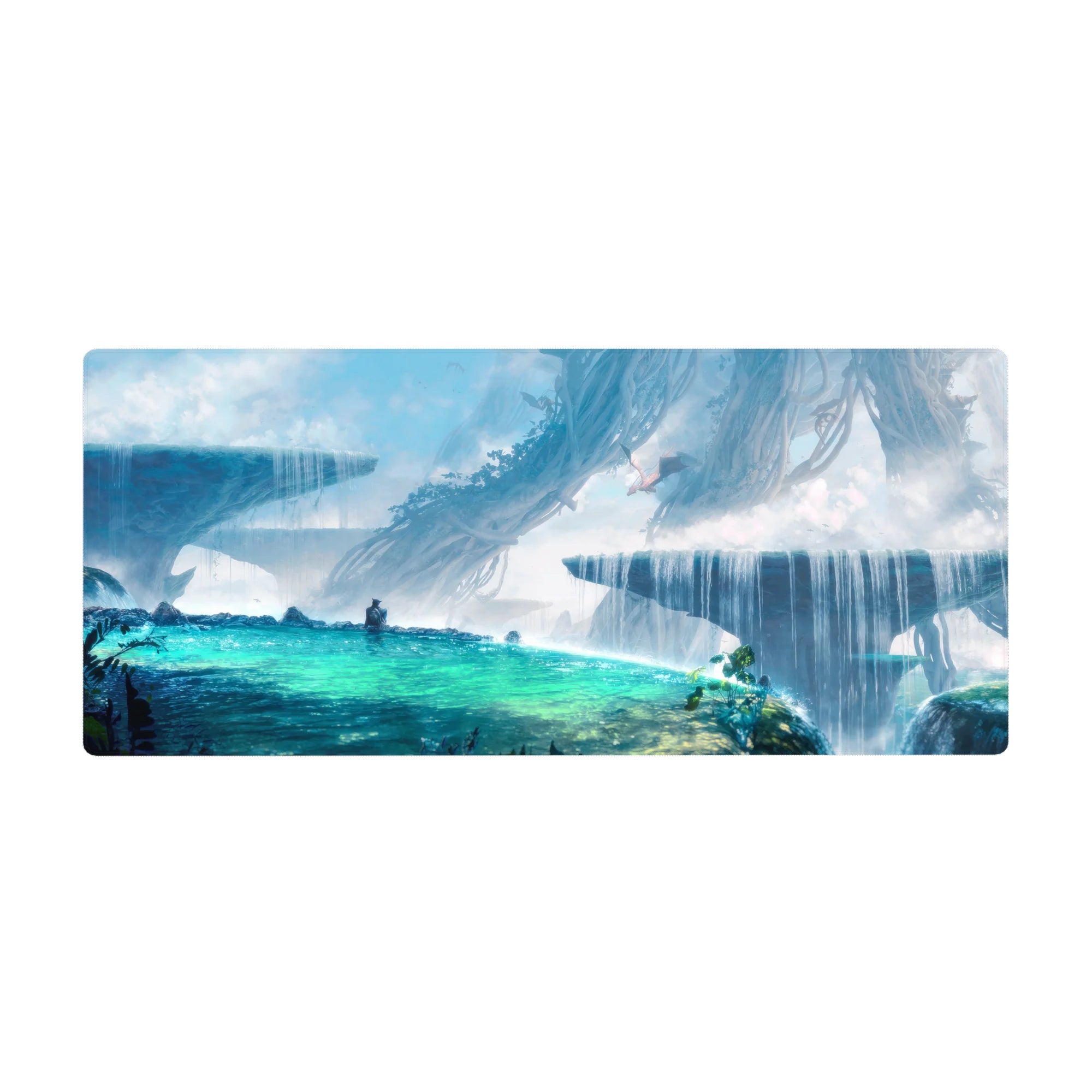 Anime desk pad 36x16 inches with turquoise pools, cliff waterfalls, pale roots, and adventurer silhouettes.