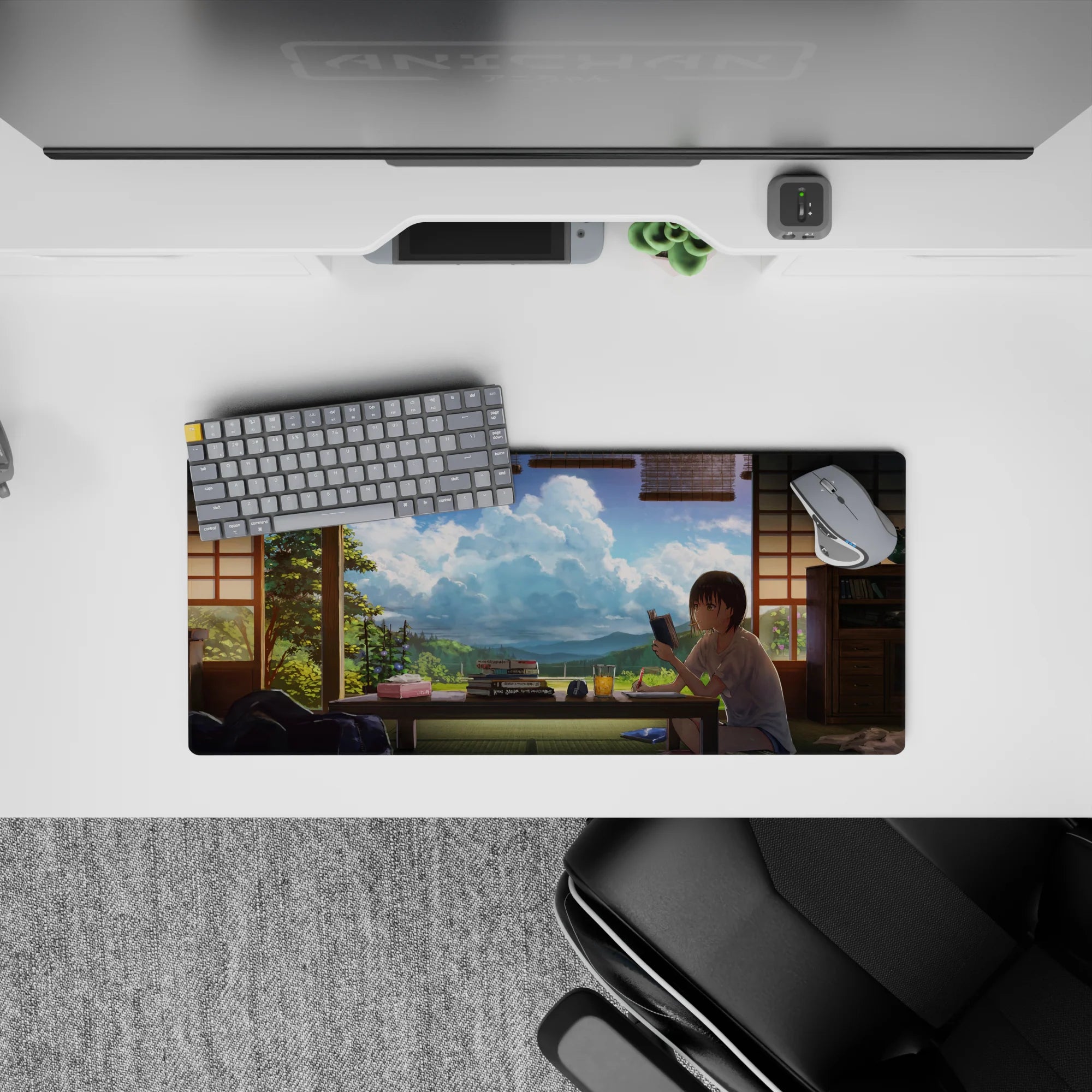 Summer calm anime mouse pad 28x12 inches in soft tatami greens, warm wood, and bright clouded sky.