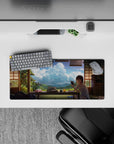 Summer calm anime mouse pad 28x12 inches in soft tatami greens, warm wood, and bright clouded sky.