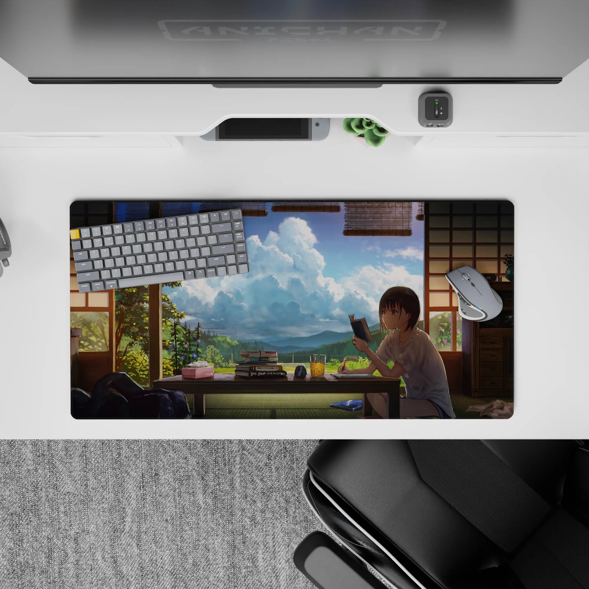 32x16 inches anime girl mouse pad in soft tatami greens and warm wood, calm summer afternoon glow.