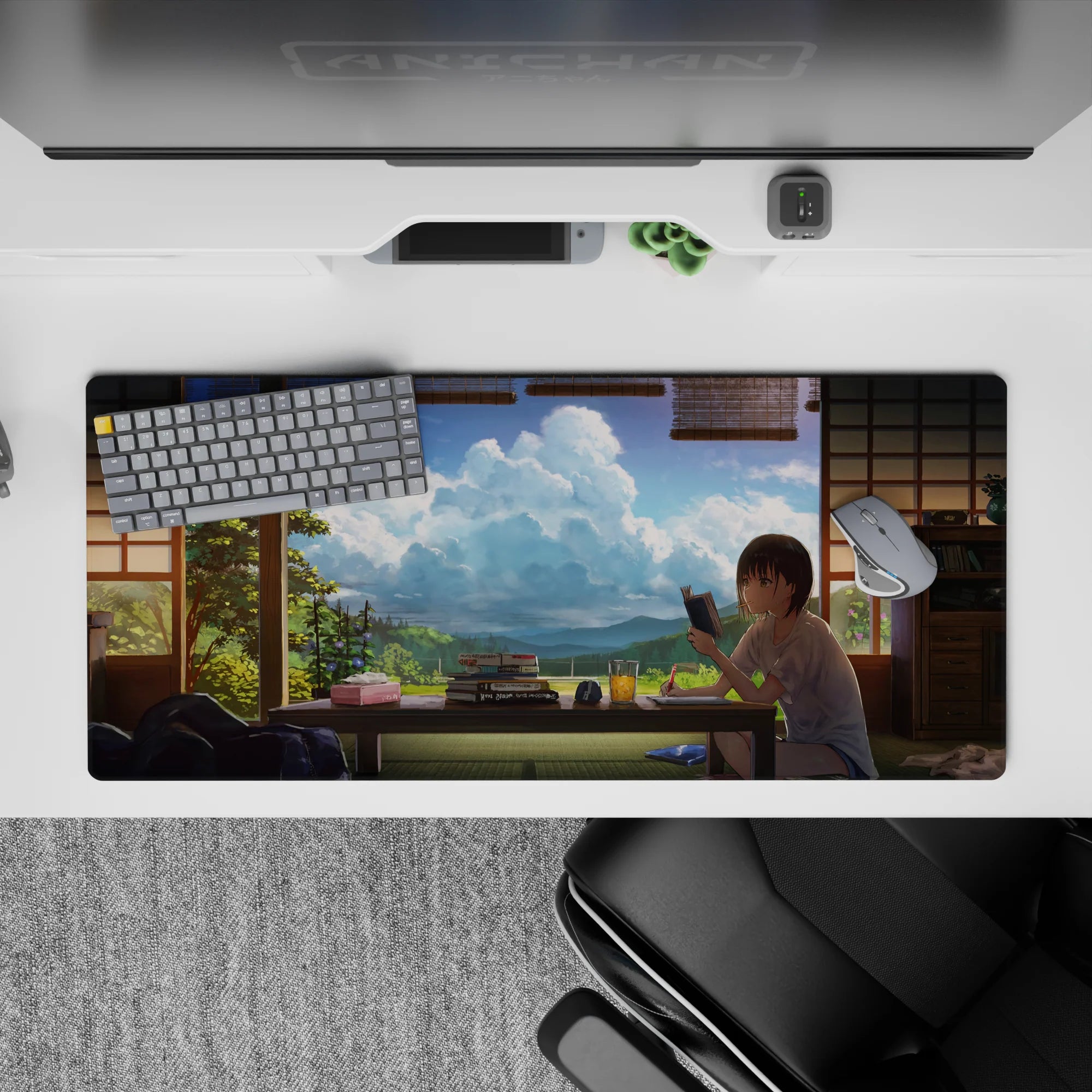Summer calm anime girl desk pad 36x16 inches in soft tatami greens, warm wood, and cloud-filled sky.