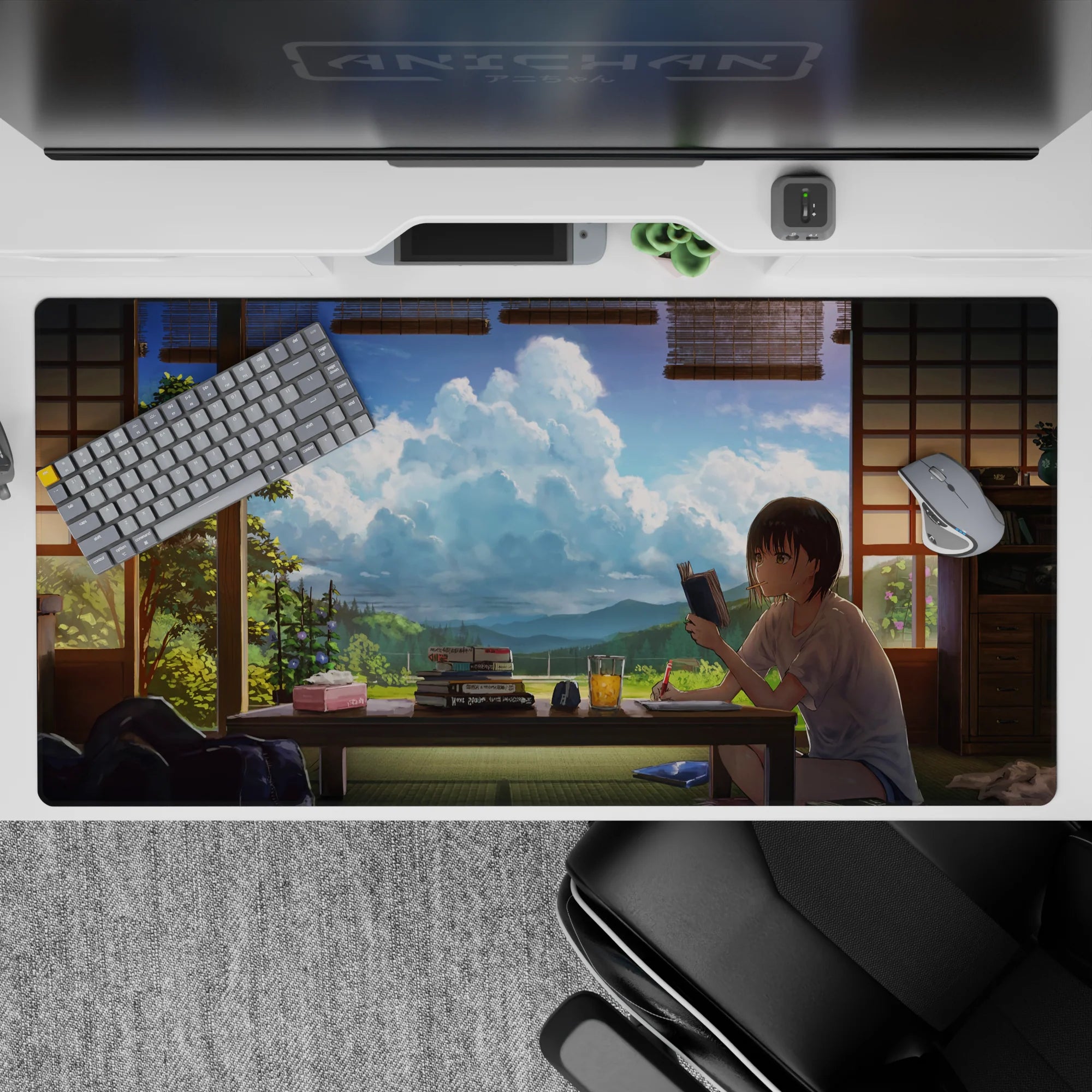 Summer calm anime mouse pad 40x20 inches in soft greens, warm wood, and big blue clouded sky.