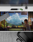 Summer calm anime mouse pad 40x20 inches in soft greens, warm wood, and big blue clouded sky.