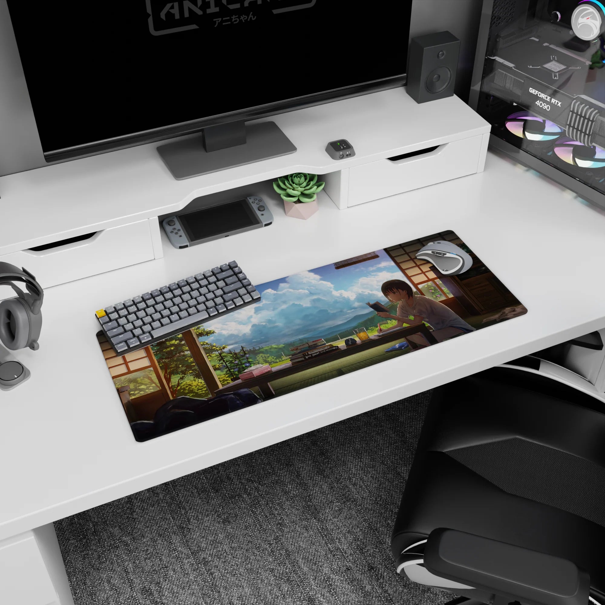 32x12 inches anime girl mouse pad featuring a quiet room scene with clouds outside and a late-afternoon glow.