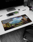 32x16 inches anime girl mouse pad showing girl by a window, fluffy clouds outside, cozy room details.