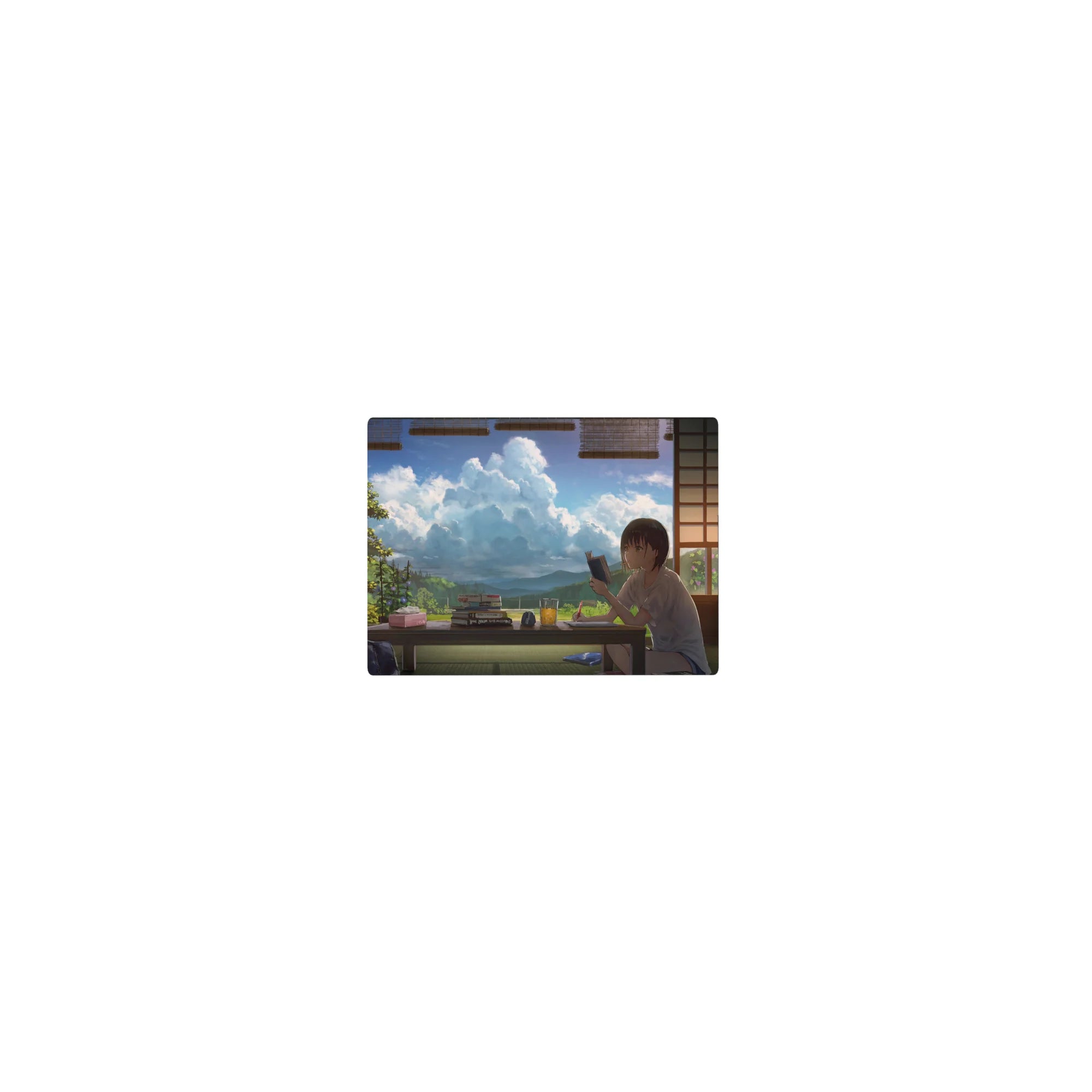 Classic anime girl mouse pad 14x10 inches with tatami room, books, snacks, and big clouded sky view.