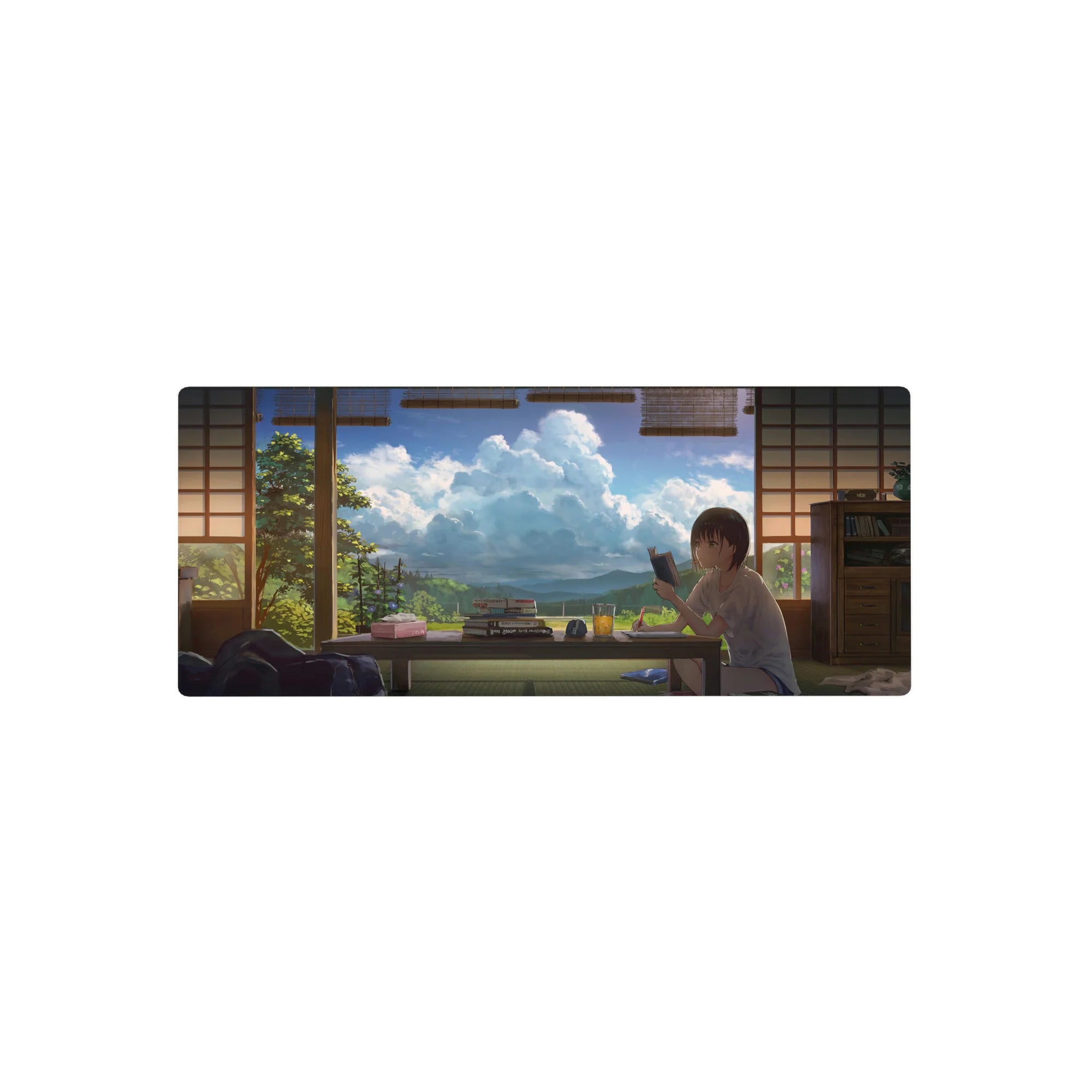 Anime girl mouse pad 28x12 inches with cozy tatami room, books and snacks, blue sky window view.