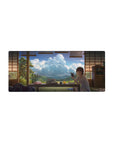 Anime girl mouse pad 28x12 inches with cozy tatami room, books and snacks, blue sky window view.