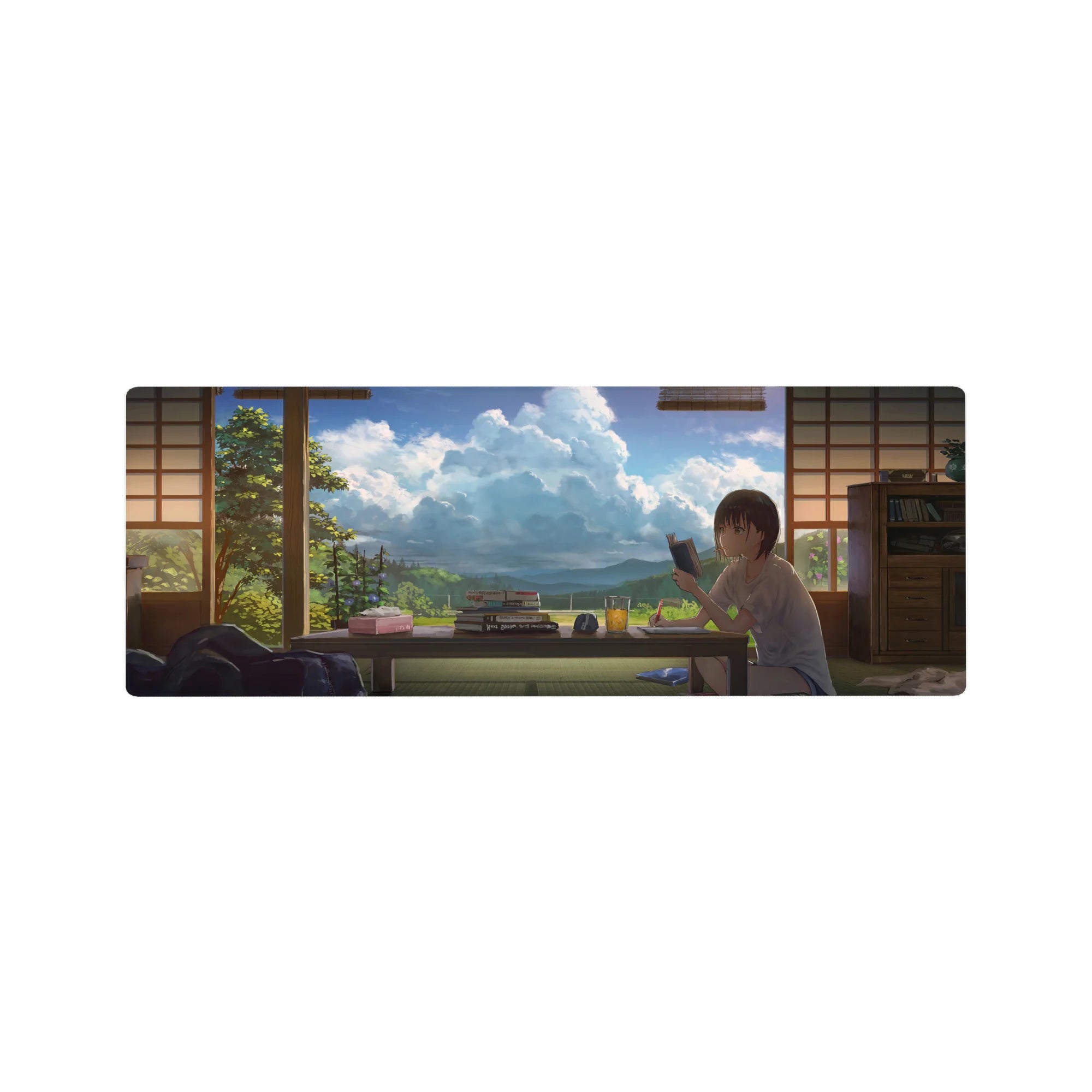 32x12 inches anime girl mouse pad with cozy tatami room, books, snacks, and big blue sky window.
