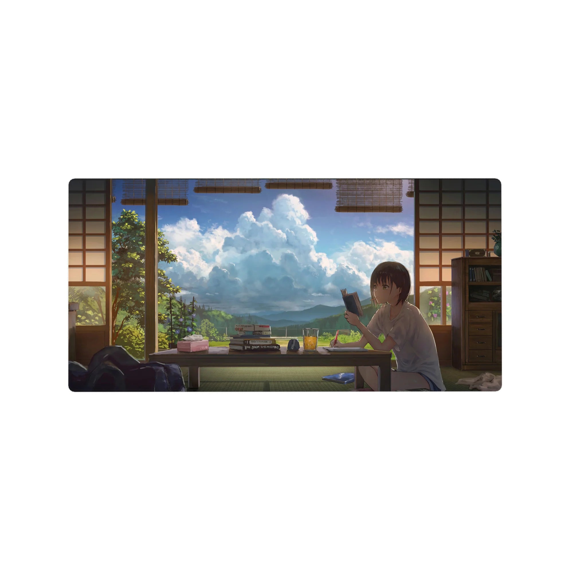 32x16 inches anime girl mouse pad with cozy tatami room, books and snacks, blue sky window view.