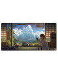 32x16 inches anime girl mouse pad with cozy tatami room, books and snacks, blue sky window view.