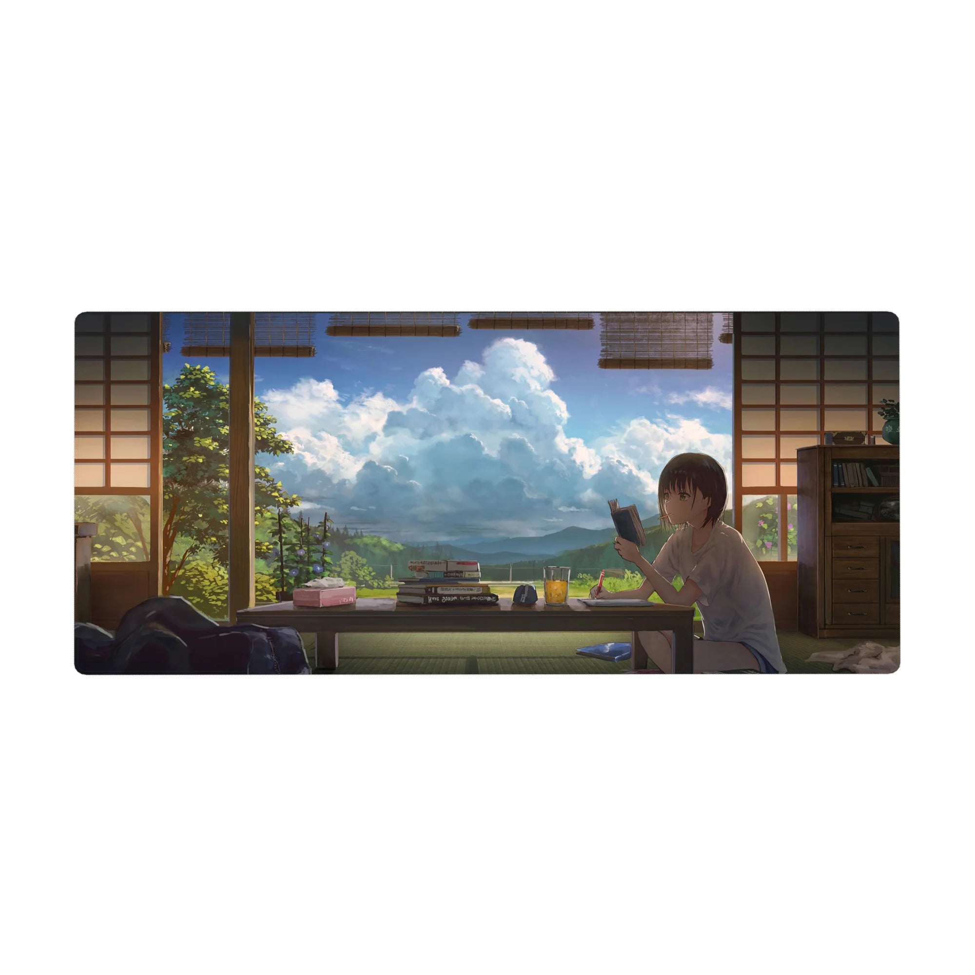 Anime girl desk pad 36x16 inches with cozy room scene, books, snacks, and blue sky window view.
