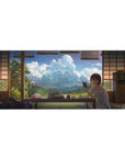 Anime girl desk pad 36x16 inches with cozy room scene, books, snacks, and blue sky window view.