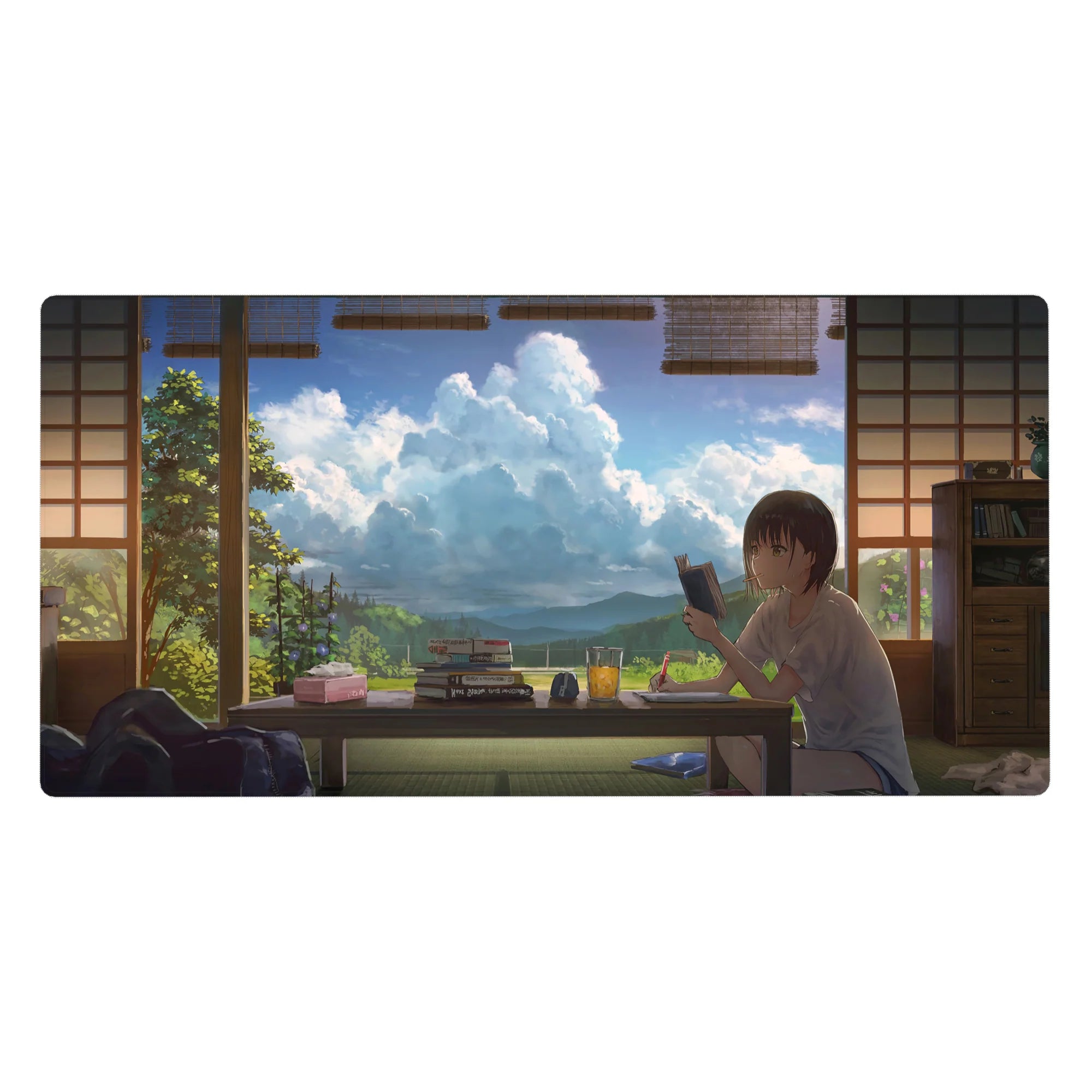 Anime girl desk pad 40x20 inches with cozy tatami room, books and snacks under a bright sky.