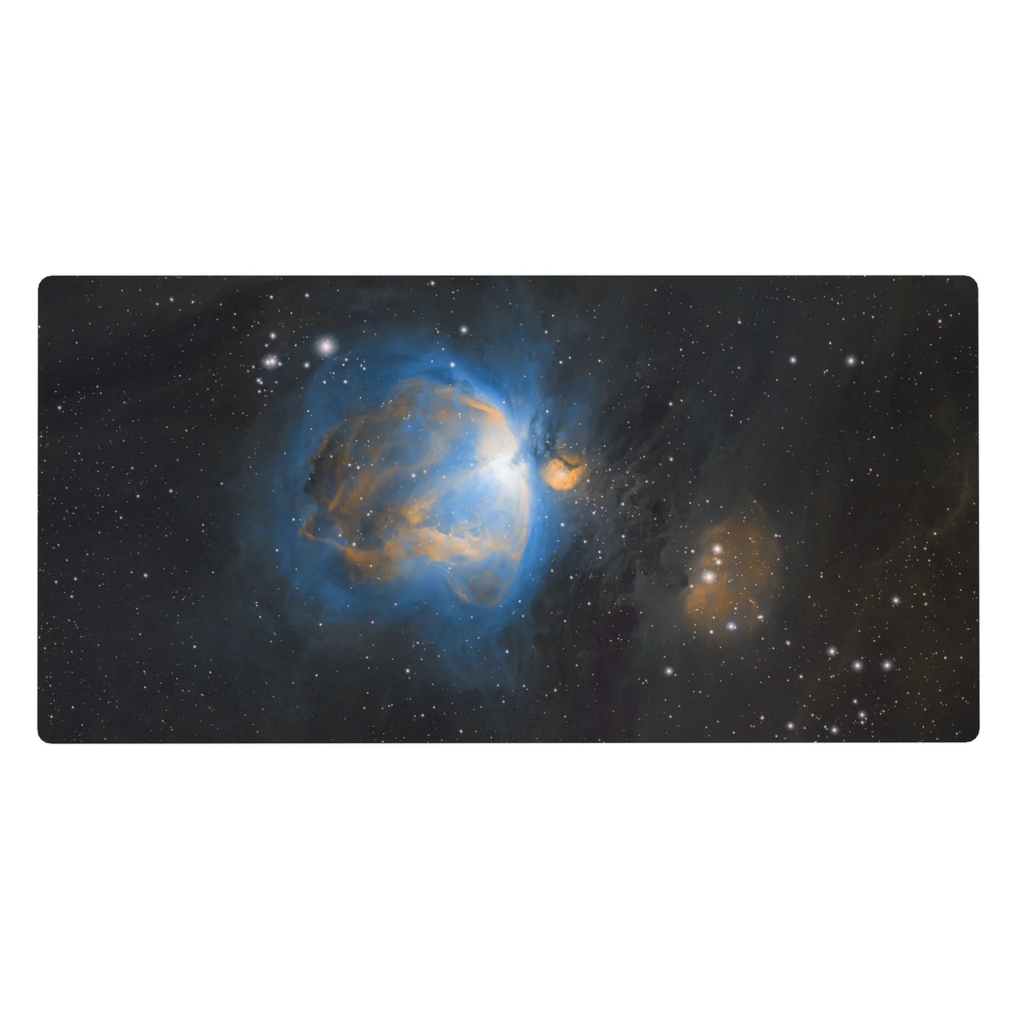 Large 40x20 inch desk pad featuring a deep space black and blue nebula design with amber clouds and scattered stars.