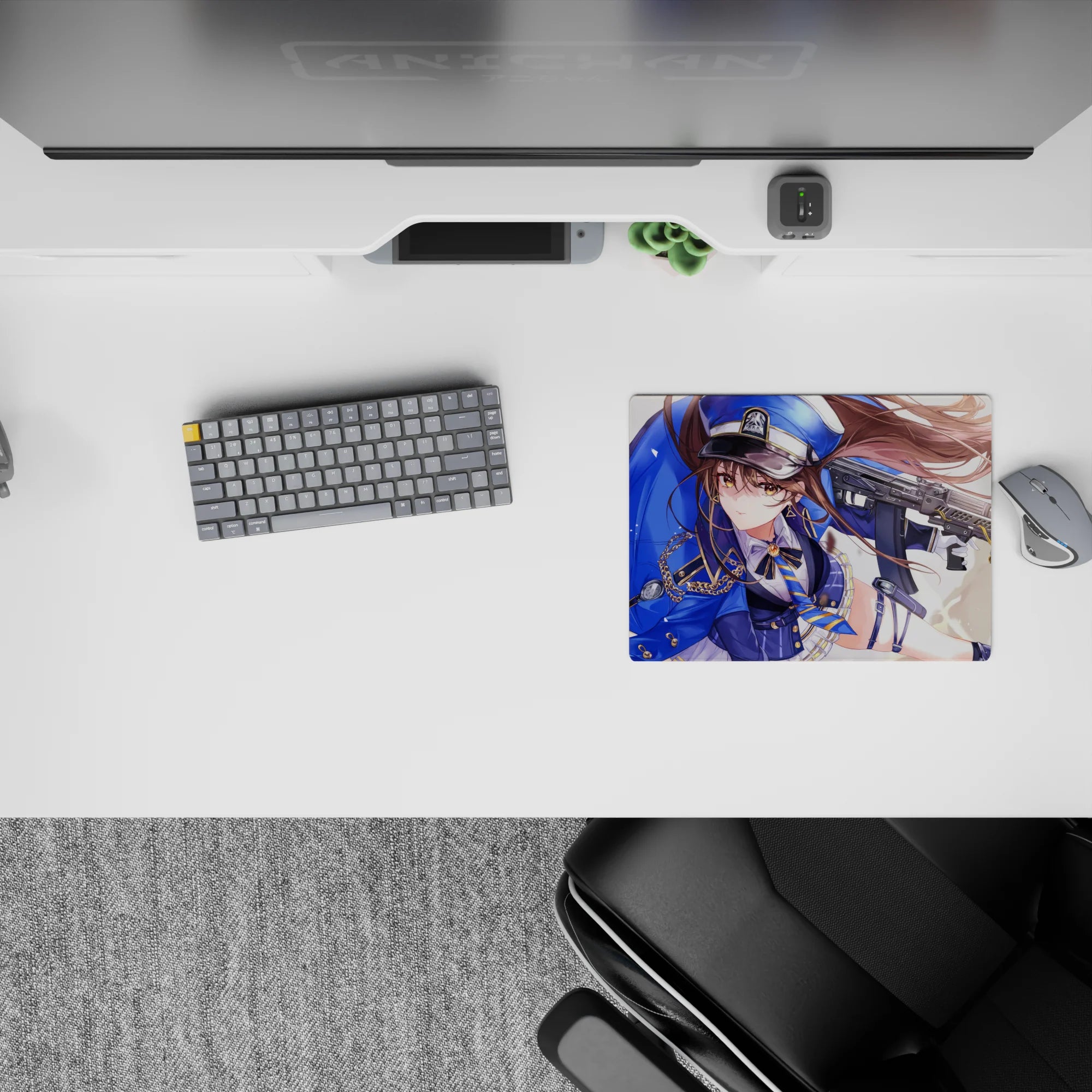 Cobalt and gold 14x10 inches anime mouse pad with dreamy creamy light, flying brass, and dust sparkles.