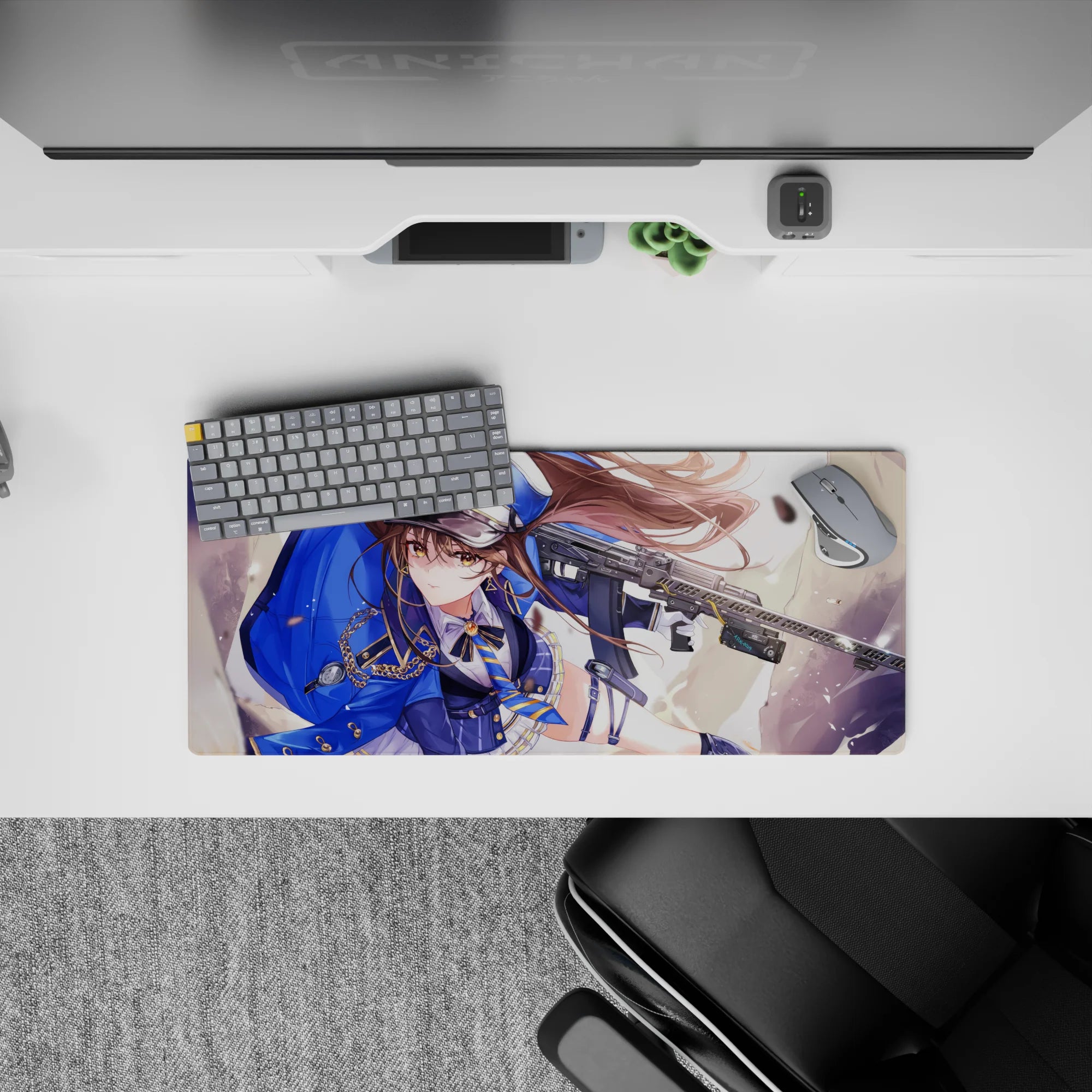 Cobalt and gold anime mouse pad 28x12 inches, dreamy creamy light, dust sparkles, flying brass.
