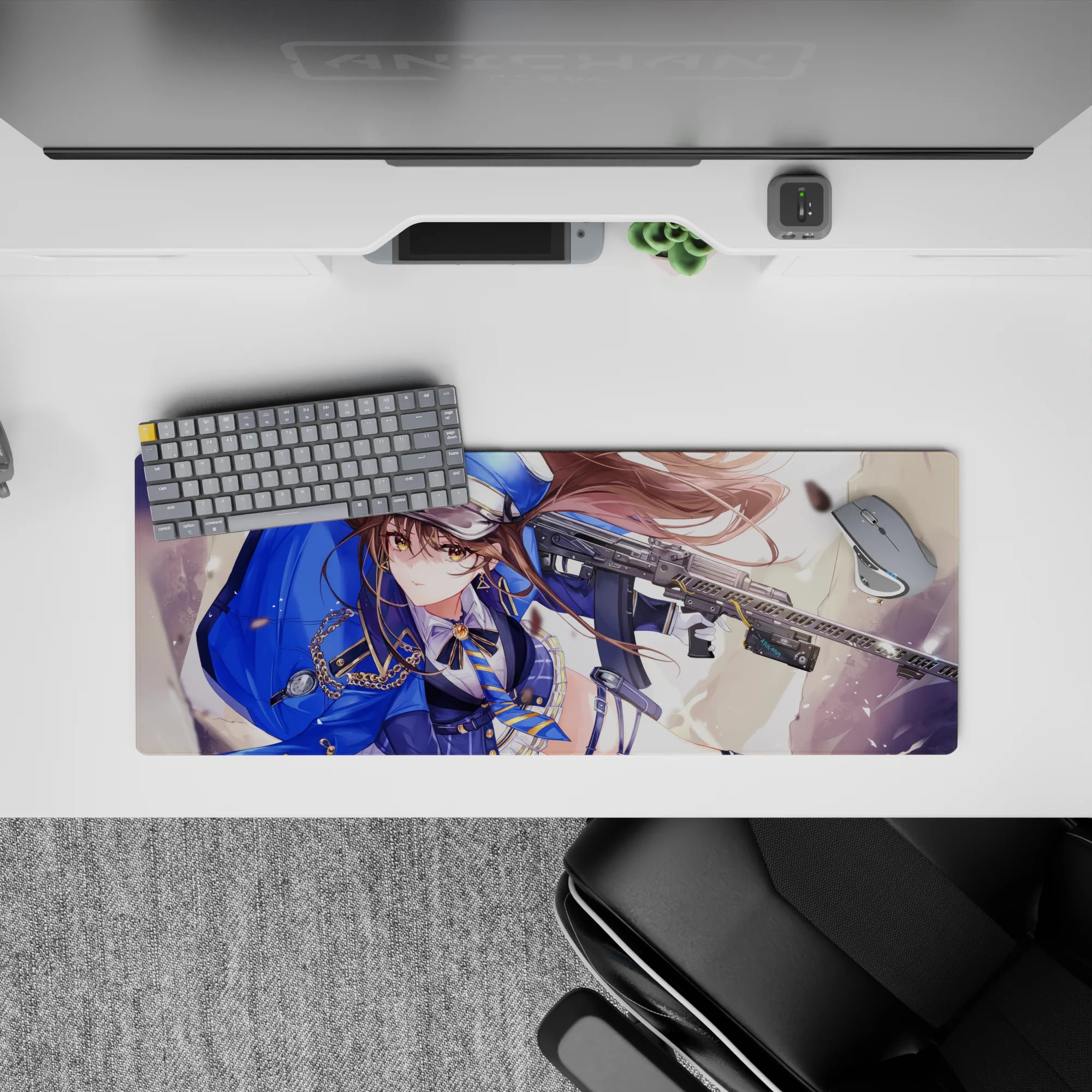 32x12 inches cobalt-and-gold anime mouse pad, dreamy cream light with flying brass and dust sparkle mood.